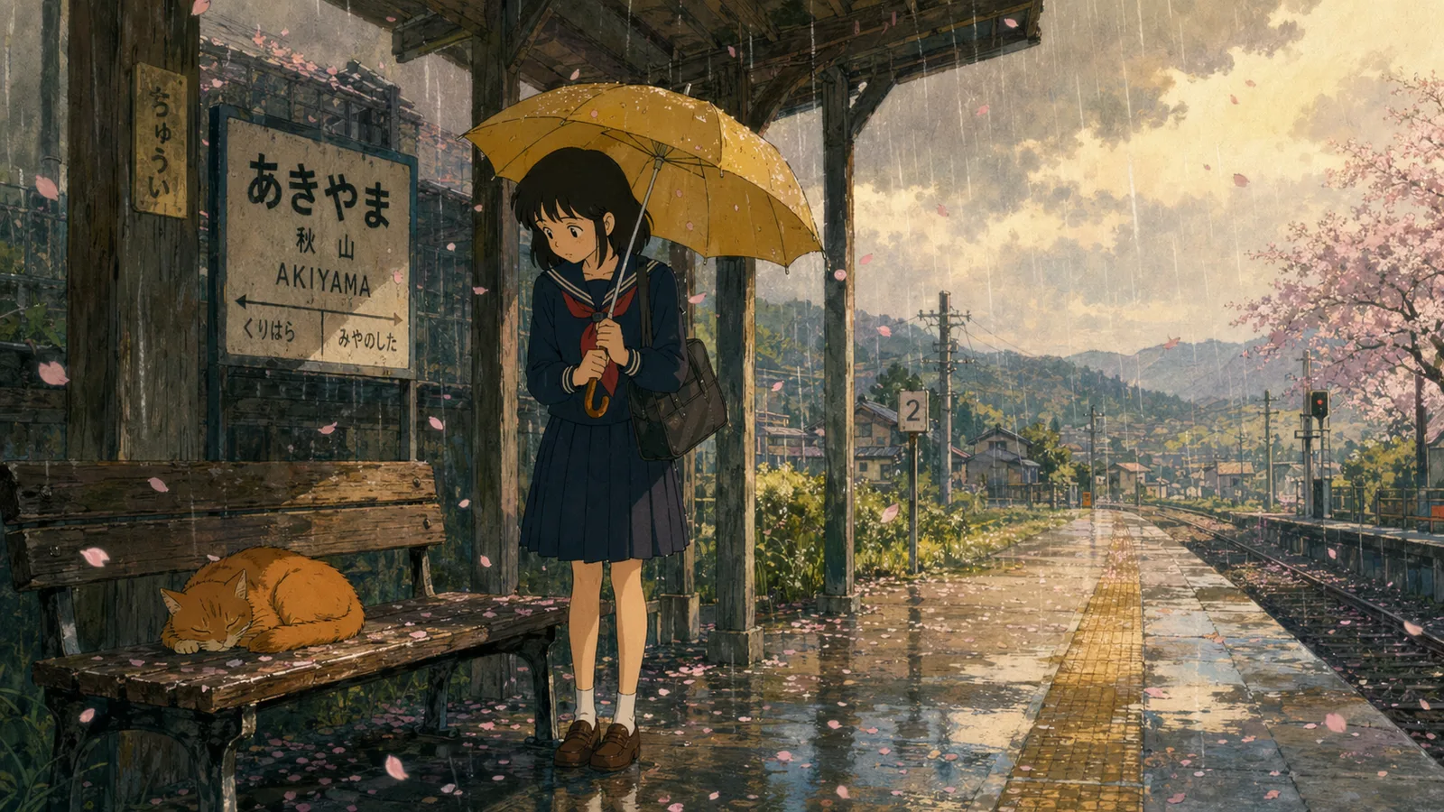 GPT Image 2.0 Studio Ghibli style anime scene at dusk, coastal village with cascading wooden rooftops, girl in yukata holding white cat on stone staircase
