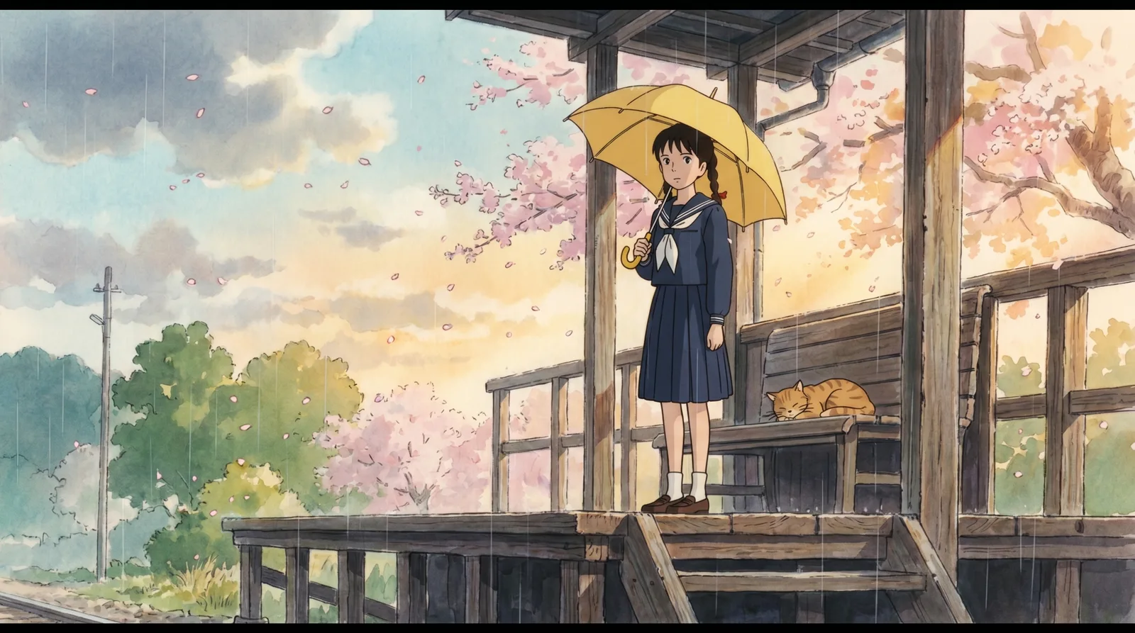 Nano Banana Pro Studio Ghibli style anime scene at dusk with red-sailed ships in harbor, lantern-lit houses, and pastel orange and lavender sky
