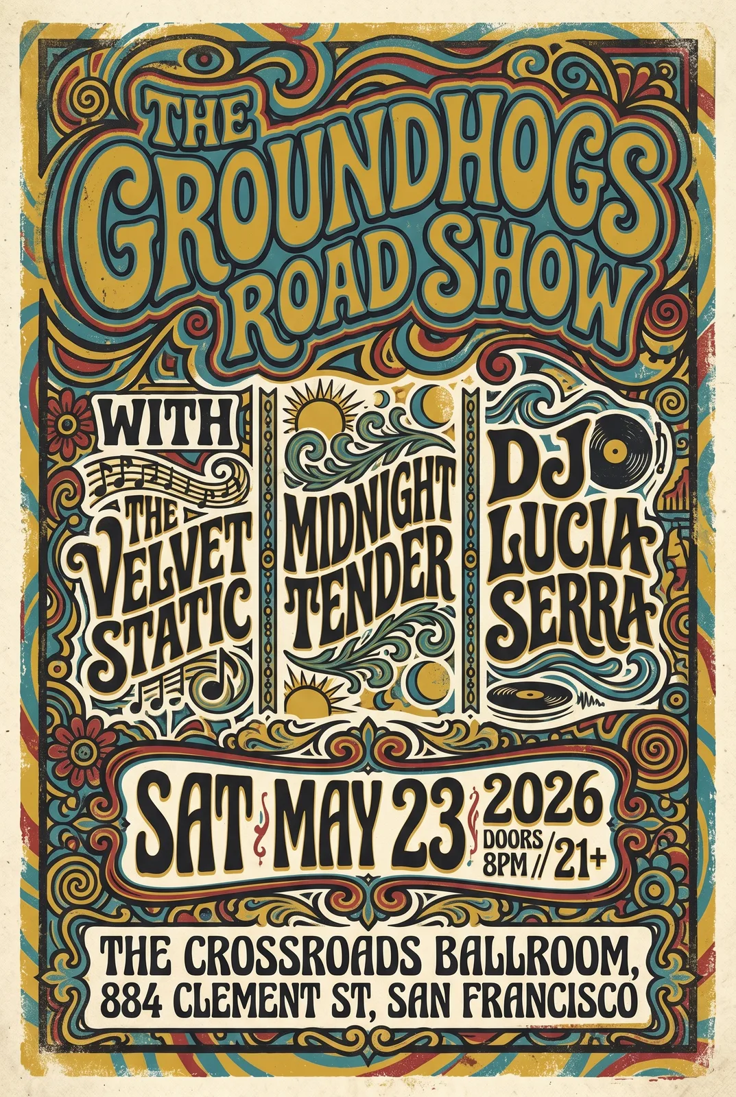 Nano Banana Pro silkscreen risograph gig poster with convertible and cactus silhouettes, fluorescent red and deep navy ink overlap, hand numbered edition text