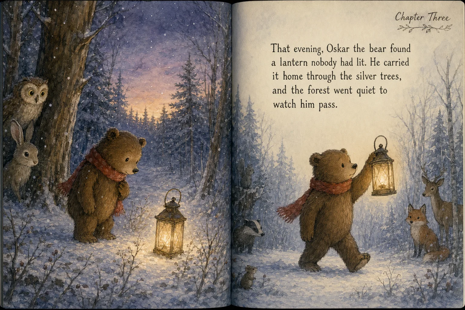 GPT Image 2.0 children's picture book double-page spread in gouache style, fox in red scarf waving goodbye to bear on left page and walking through birch forest on right page with hand-lettered text