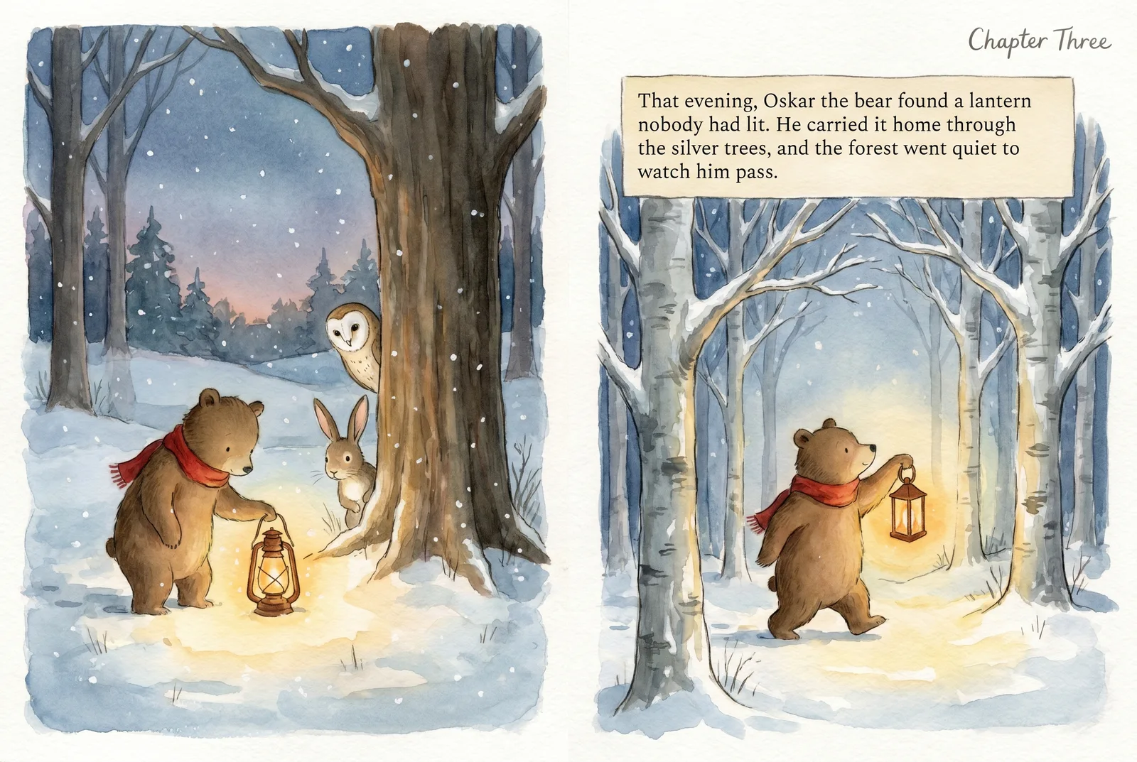 Nano Banana Pro children's picture book double-page spread with fox and bear, birch forest and northern lights, warm gouache painting style with pressed paper grain