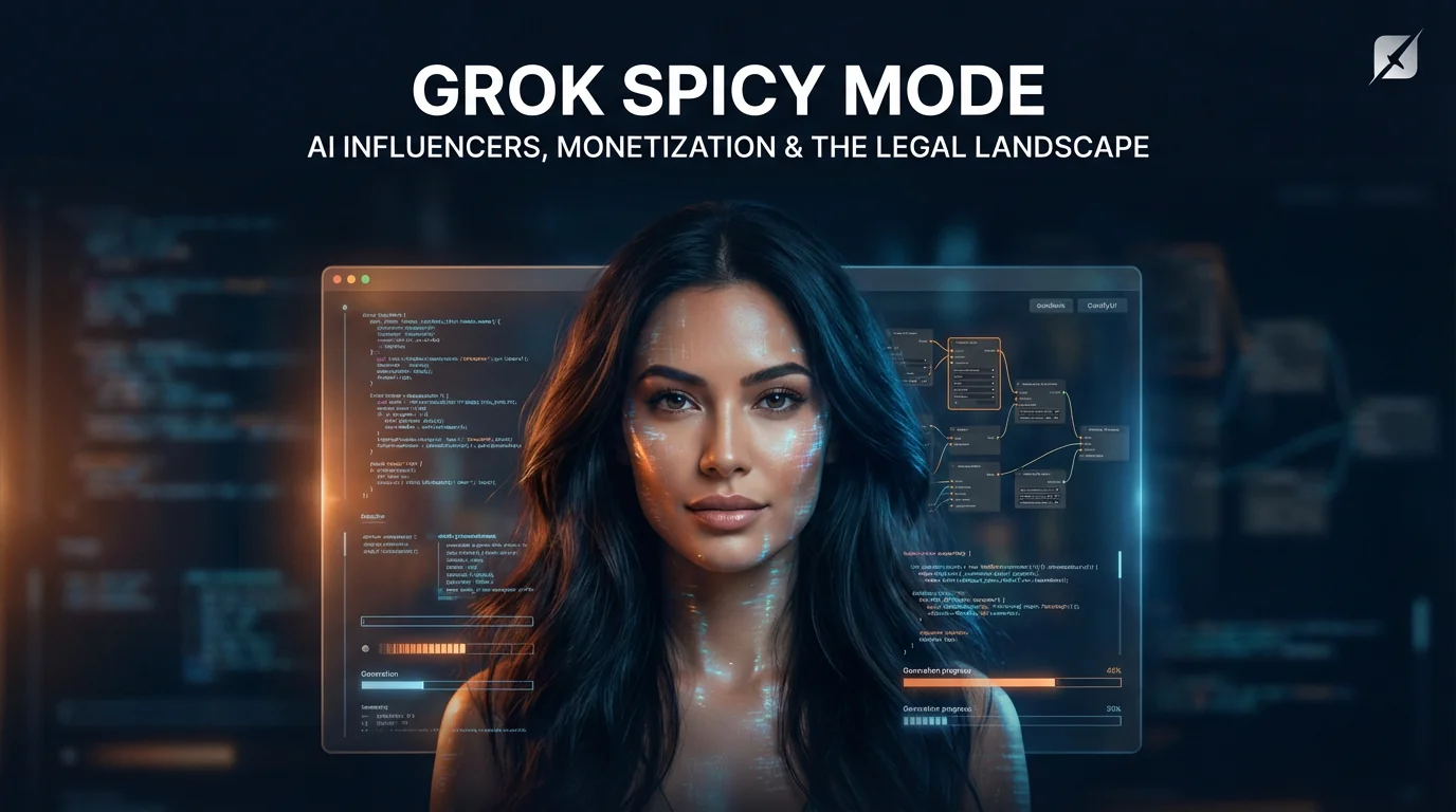 Grok Spicy Mode and AI Influencer guide 2026 - dark themed hero image with synthetic content creation visuals