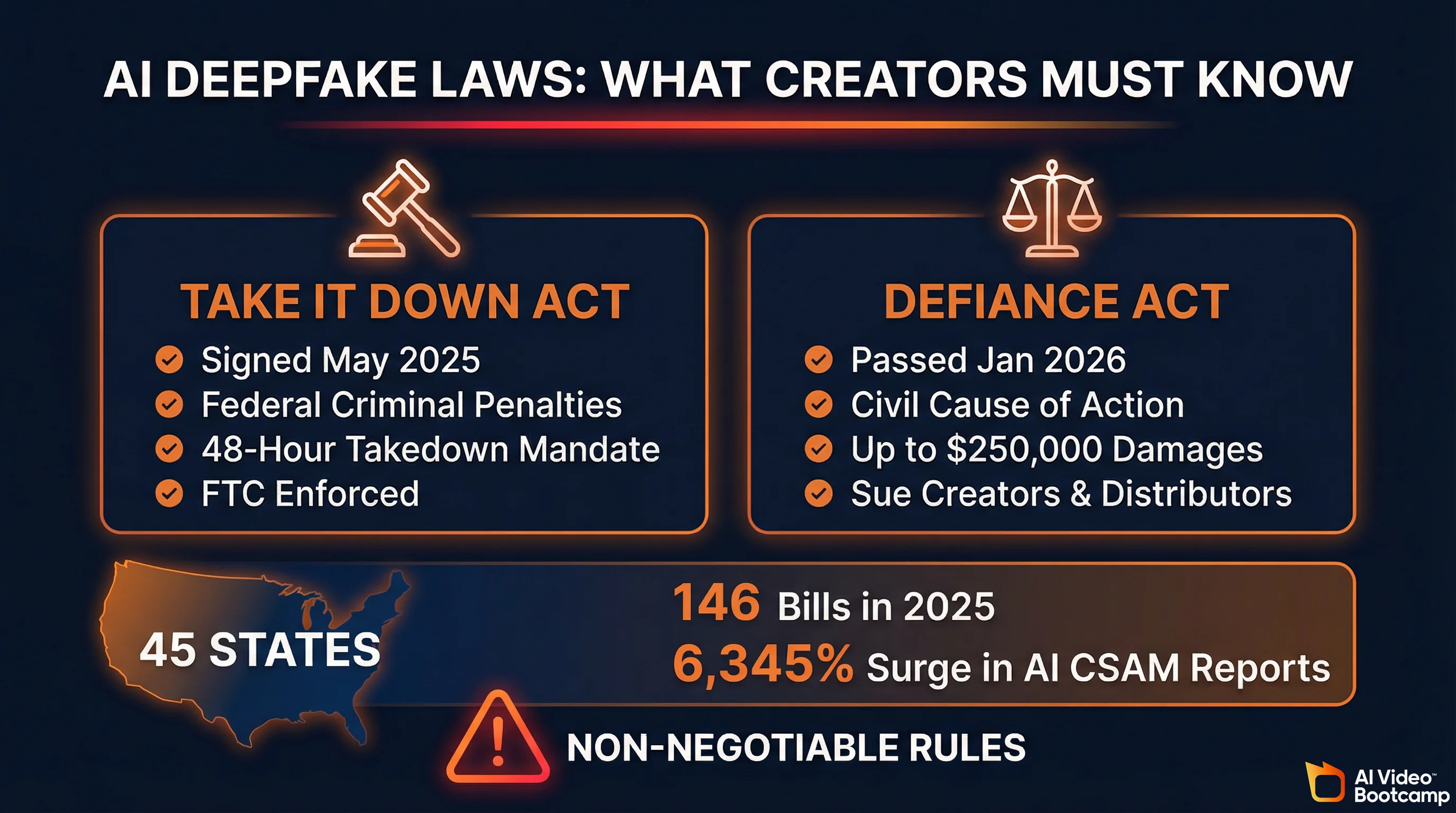 AI deepfake laws infographic showing TAKE IT DOWN Act signed May 2025 with federal criminal penalties and 48-hour takedown mandate, DEFIANCE Act passed January 2026 with civil cause of action and up to $250,000 damages, 45 states with laws, 146 bills in 2025, and 6,345% surge in AI CSAM reports
