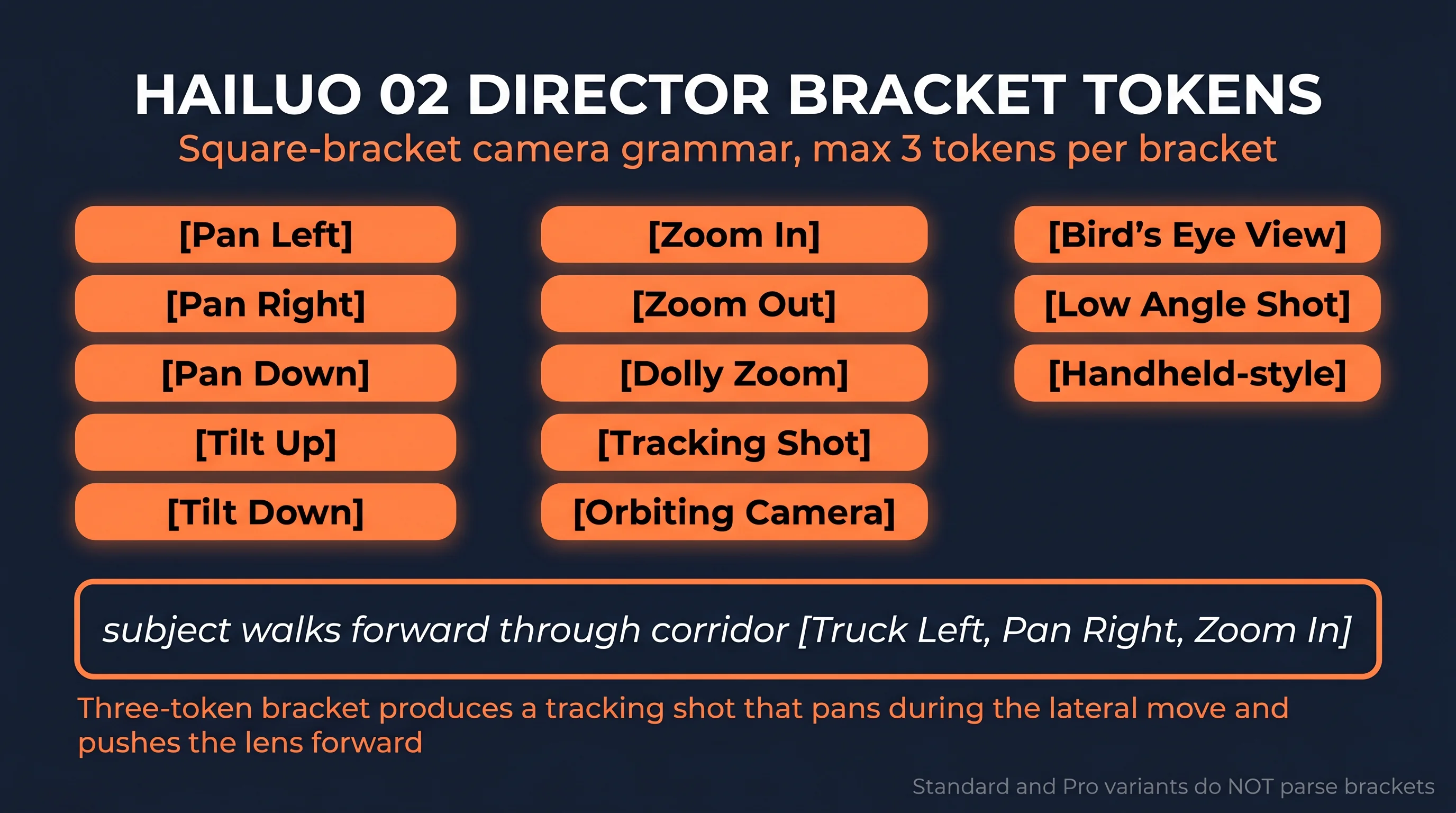 Hailuo 02 Director Bracket Tokens reference infographic showing 13 valid bracket tokens including Pan Left Pan Right Pan Down Tilt Up Tilt Down Zoom In Zoom Out Dolly Zoom Tracking Shot Orbiting Camera Bird's Eye View Low Angle Shot Handheld-style plus example prompt subject walks forward through corridor with Truck Left Pan Right Zoom In bracket, dark navy background with orange accents