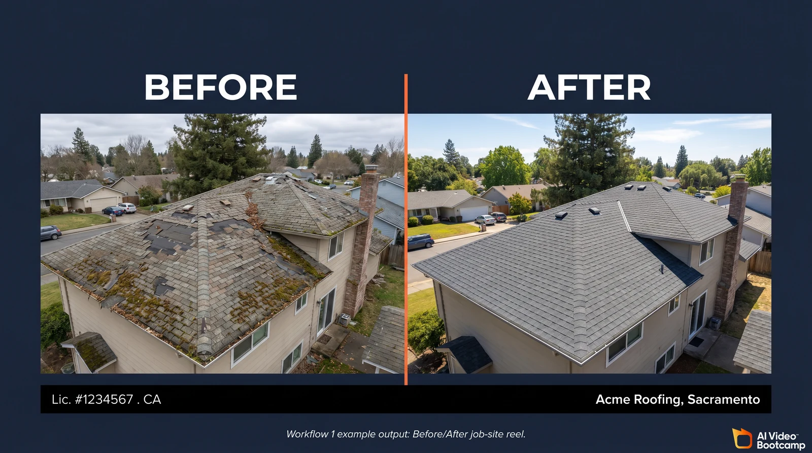Example output of Workflow 1: a before-and-after composite still showing a worn weather-damaged residential roof on the left and the same roof after a fresh installation on the right, with the contractor's state license number in the lower-third overlay