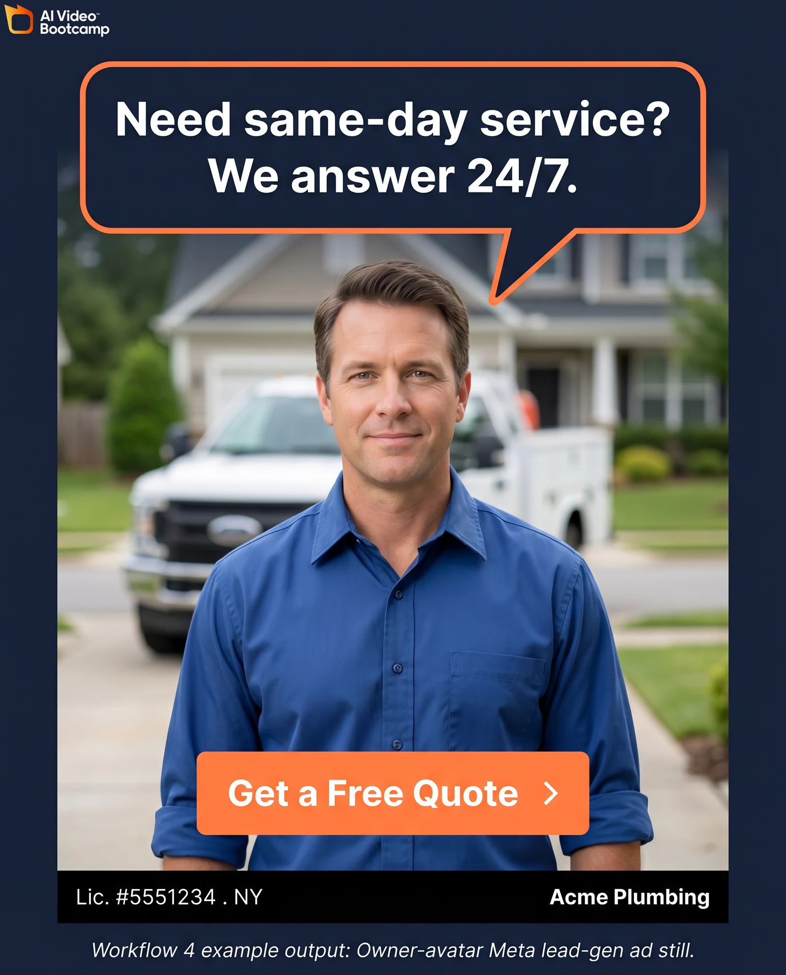 Example output of Workflow 4: a still frame from a HeyGen Avatar IV owner-avatar Meta lead-gen ad showing a generic American plumbing contractor with a speech bubble reading "Need same-day service? We answer 24/7" and a Get a Free Quote call-to-action button below, plus the state license number in the lower-third overlay