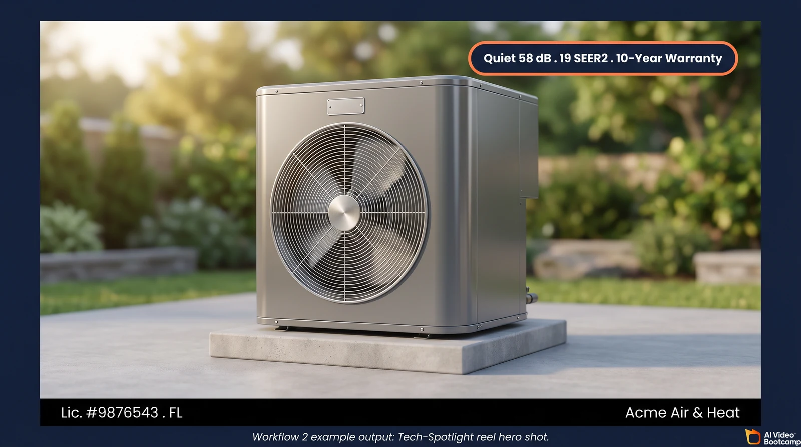 Example output of Workflow 2: a Nano Banana Pro generated HVAC heat pump hero shot with a spec callout in the upper-right corner showing 58 dB quiet operation, 19 SEER2 efficiency, and 10-Year Warranty, plus the contractor's state license number in the lower-third overlay