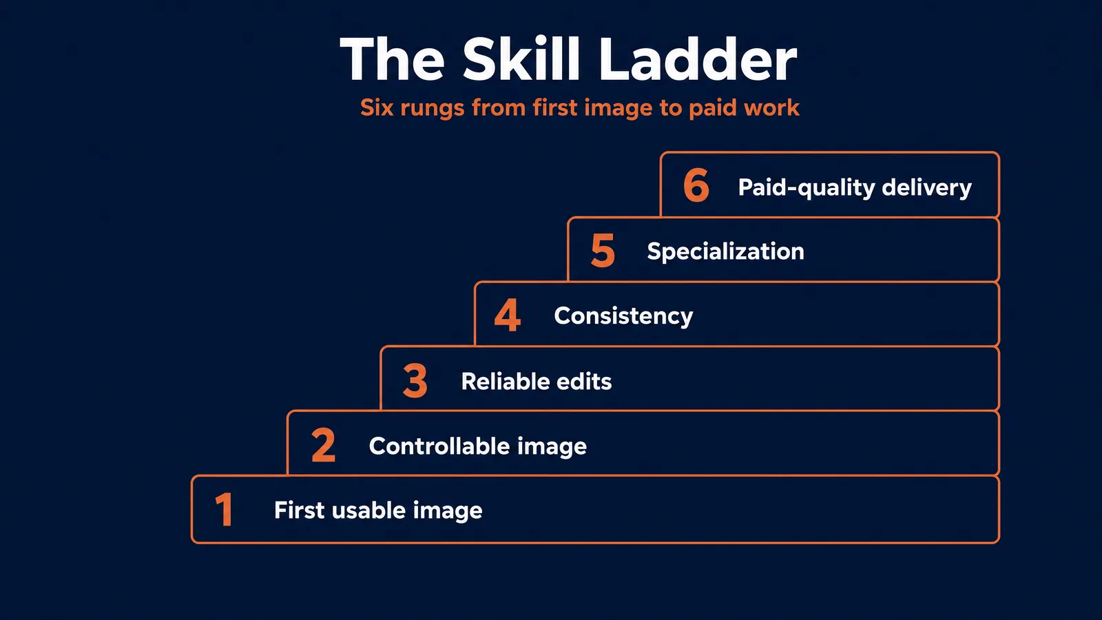 The skill ladder: six rungs from first usable image to paid-quality delivery