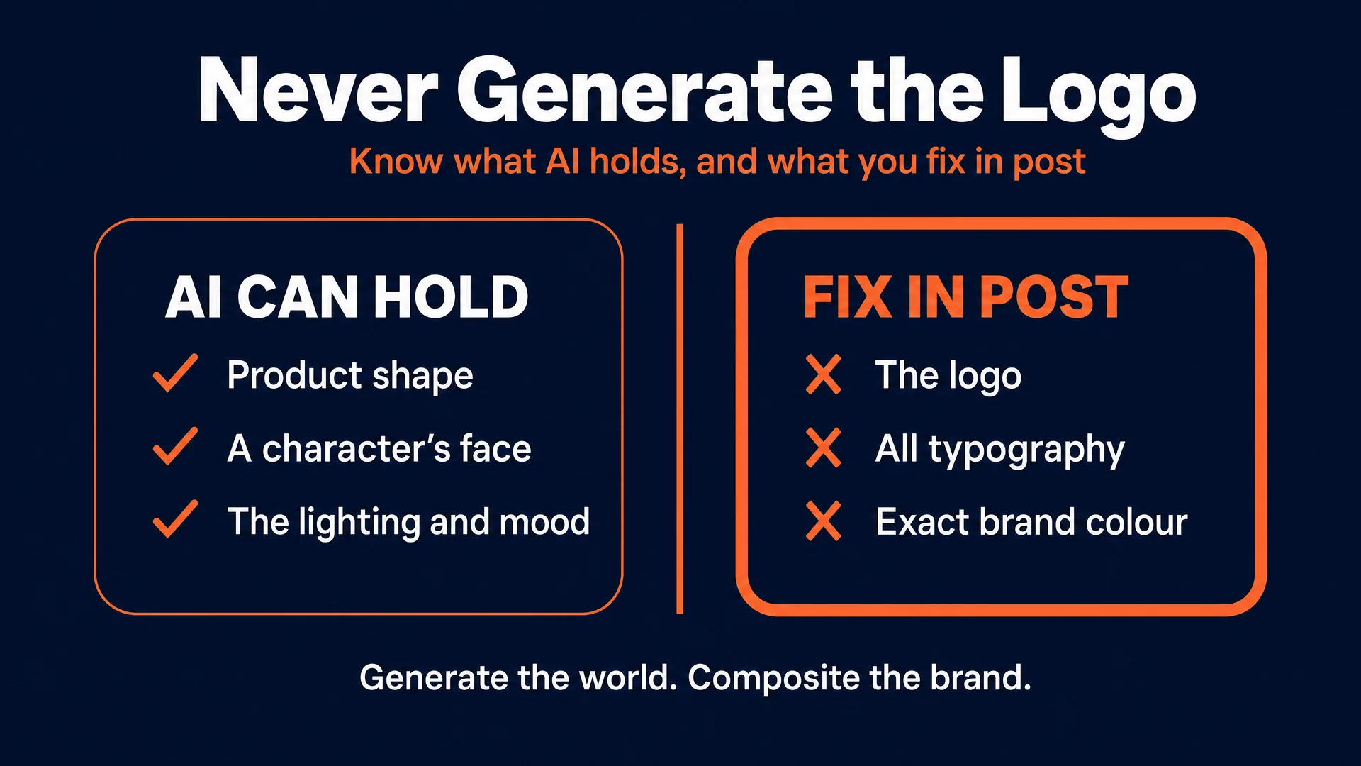 Never generate the logo: AI can hold product shape, a character's face and the lighting, but the logo, all typography and exact brand colour must be fixed in post