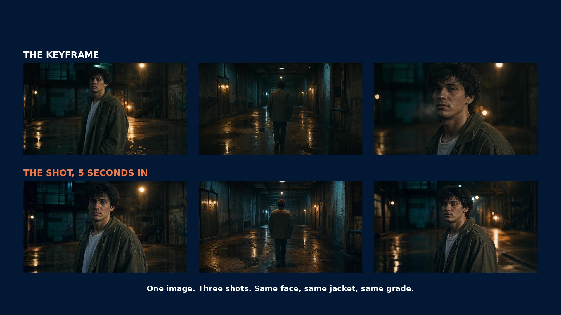Three keyframes from one master image and the resulting video shots, showing the same character, jacket and colour grade held across all three