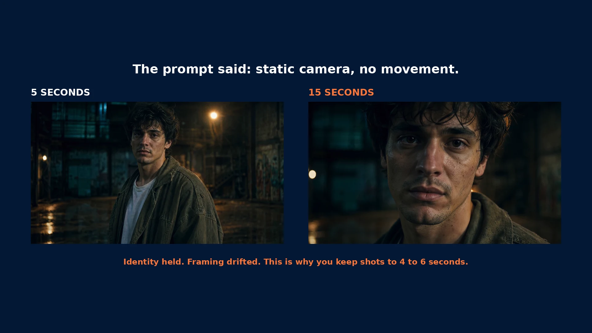 The same shot at 5 seconds and at 15 seconds, showing the camera has drifted from a medium shot into an extreme close-up despite the prompt asking for a static camera