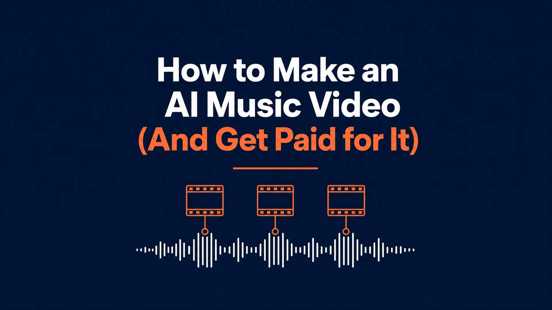 How to Make an AI Music Video hero graphic on dark blue, with film frames landing on the peaks of an audio waveform