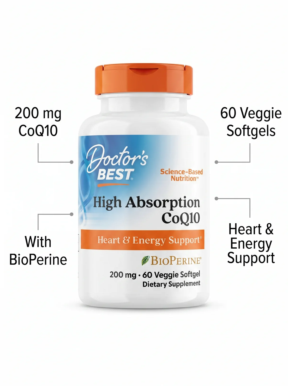 The same supplement bottle on white with four feature callouts pointing to it: 200 mg CoQ10, 60 Veggie Softgels, With BioPerine, Heart and Energy Support