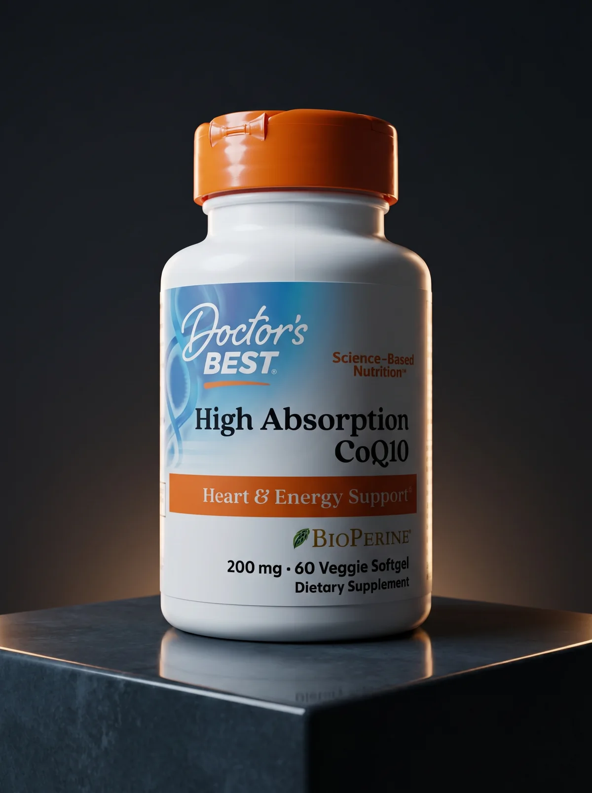 The same supplement bottle on a dark stone pedestal, lit dramatically with a warm rim light against a charcoal background