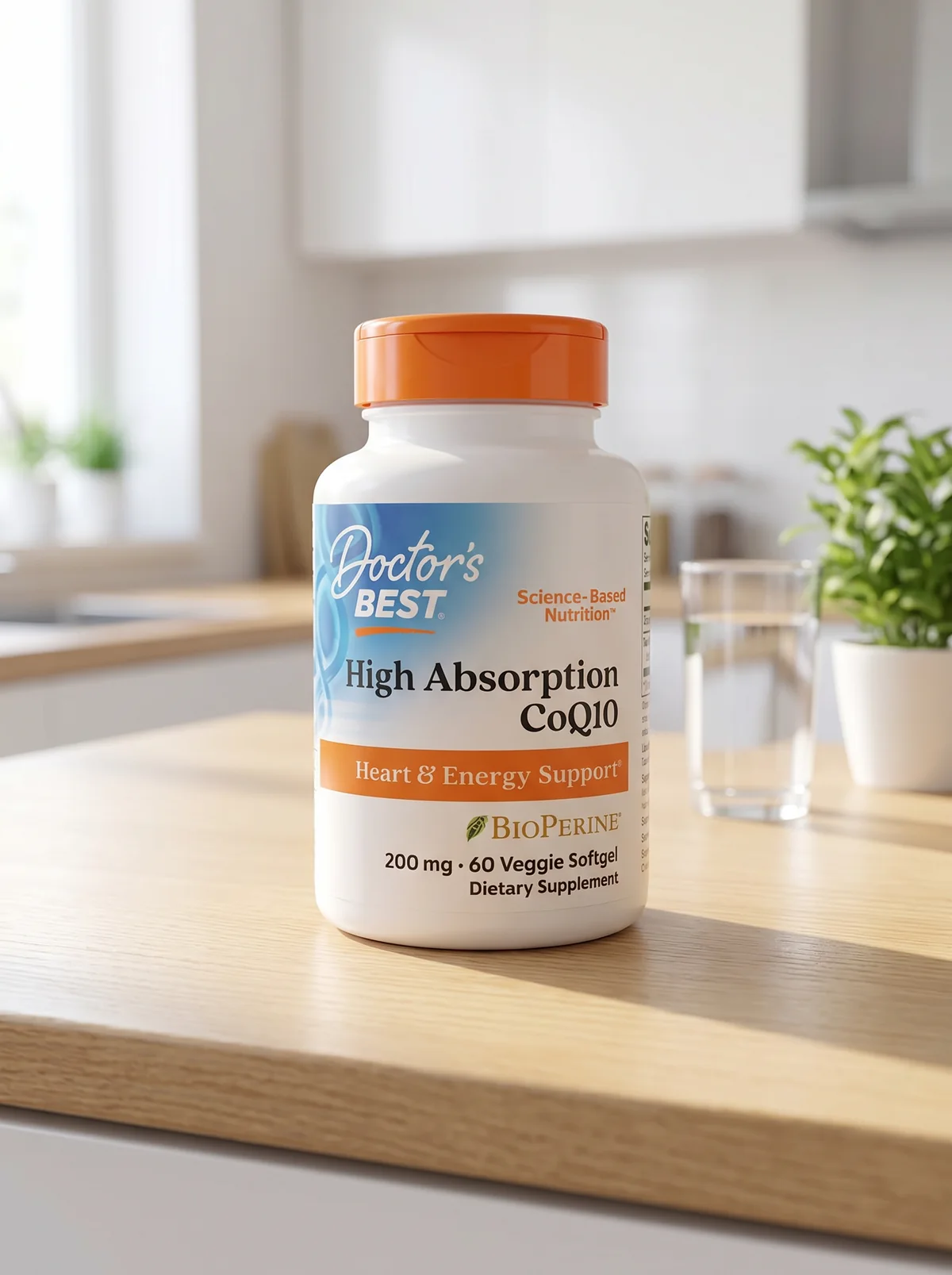 The same supplement bottle composited onto a sunlit oak kitchen counter with a glass of water and a plant softly out of focus behind it
