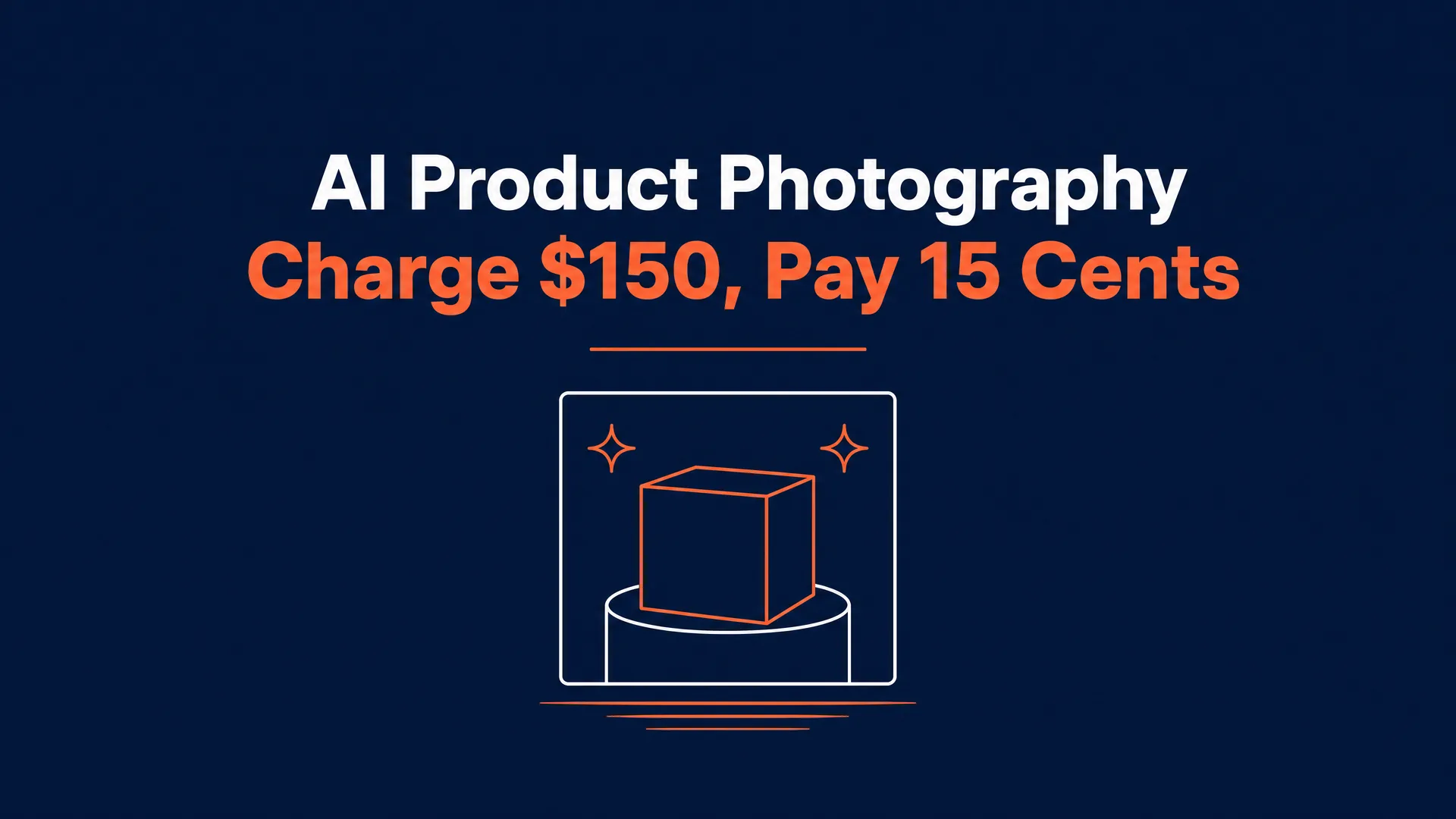 AI Product Photography hero graphic on dark blue, with an outlined product box on a pedestal inside a photo frame