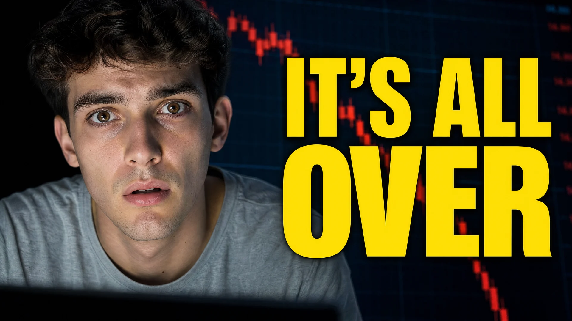 Example thumbnail generated from prompt 1 in GPT Image 2.0: a shocked young man lit by a monitor beside a falling red stock chart, with huge yellow text reading IT'S ALL OVER