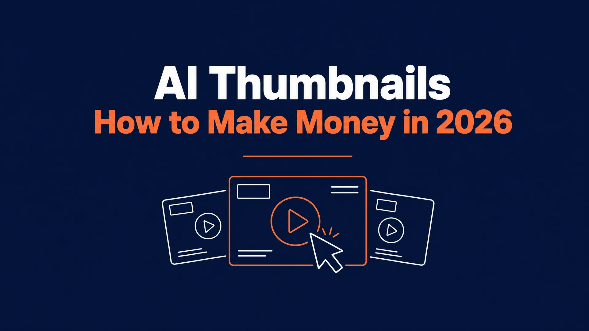 AI Thumbnails: How to Make Money in 2026 hero graphic on dark blue, with outlined video thumbnails and a cursor clicking a play button