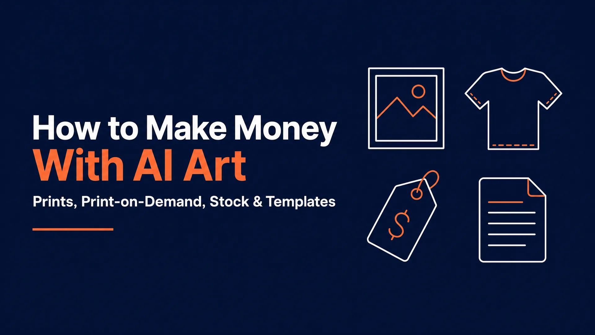 How to Make Money With AI Art in 2026 hero graphic on a dark blue background with white and orange title and four outlined icons: a framed print, a t-shirt, a price tag, and a document