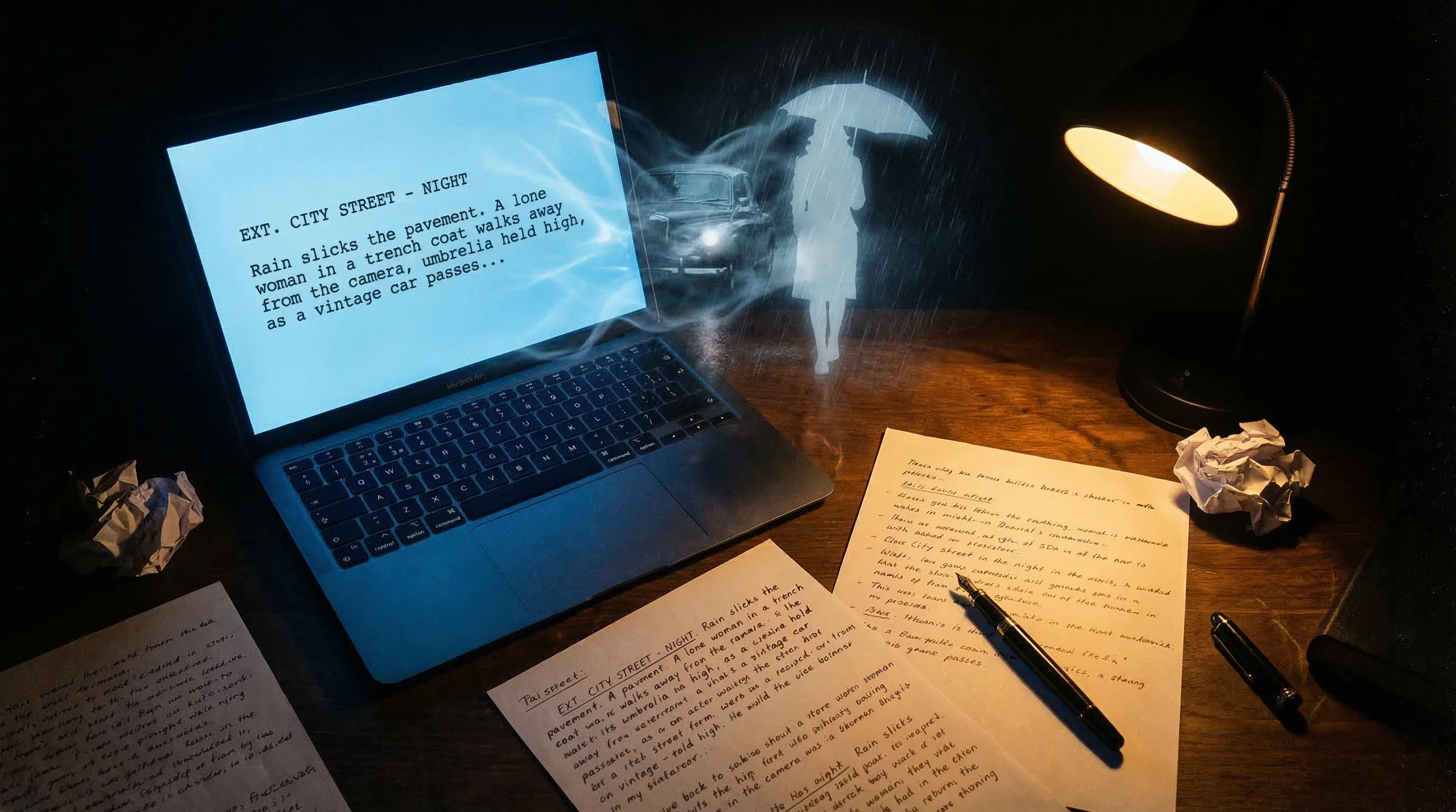Dark screenwriter desk with laptop prompt transforming into a cinematic scene