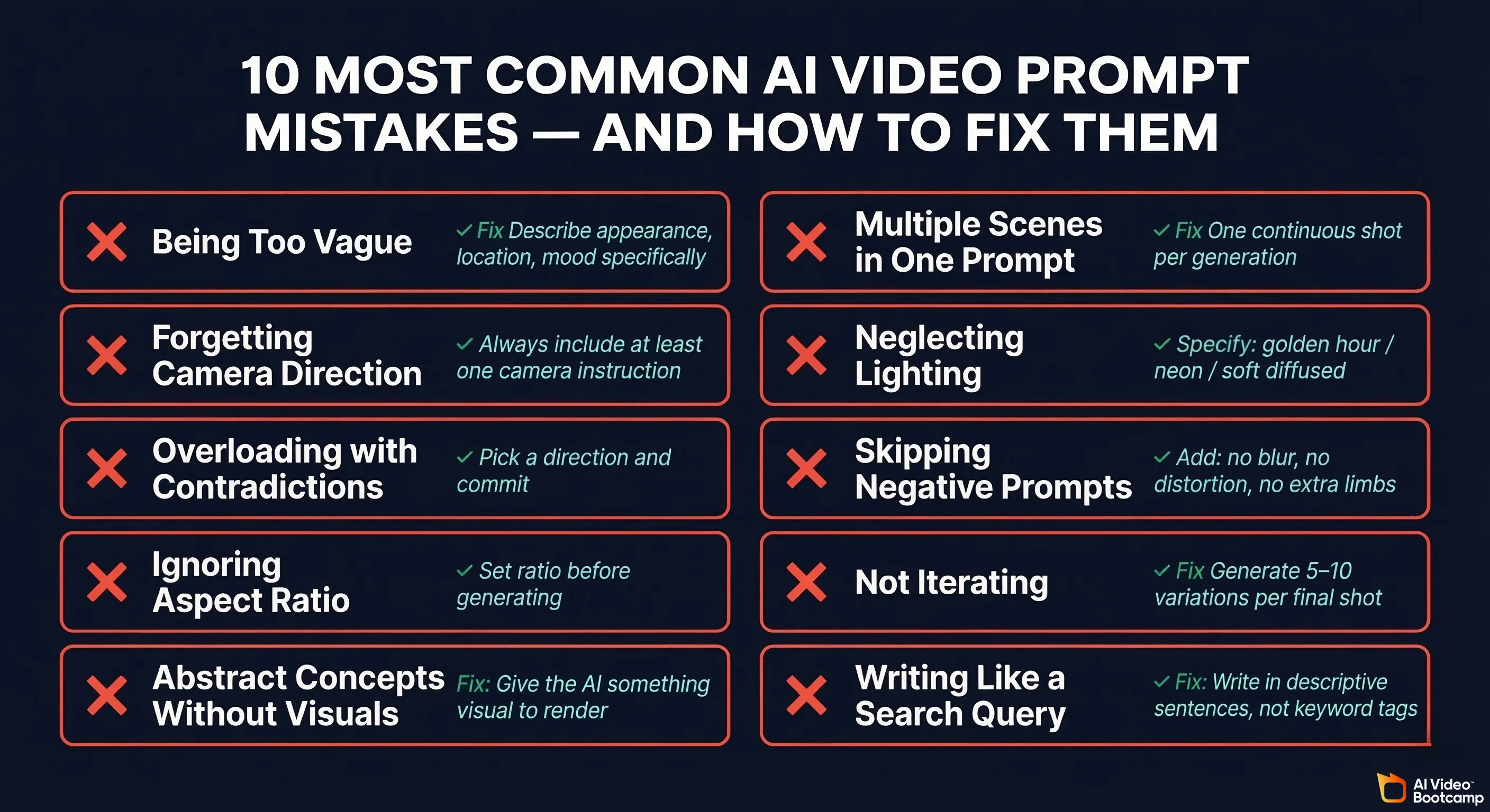 10 most common AI video prompt mistakes infographic listing errors like being too vague, forgetting camera direction, using contradictions, ignoring aspect ratio, abstract concepts without visual anchors, cramming multiple scenes, neglecting lighting, skipping negative prompts, not iterating, and writing like a search query — each mistake shown with a bad example and the fix on a dark navy background