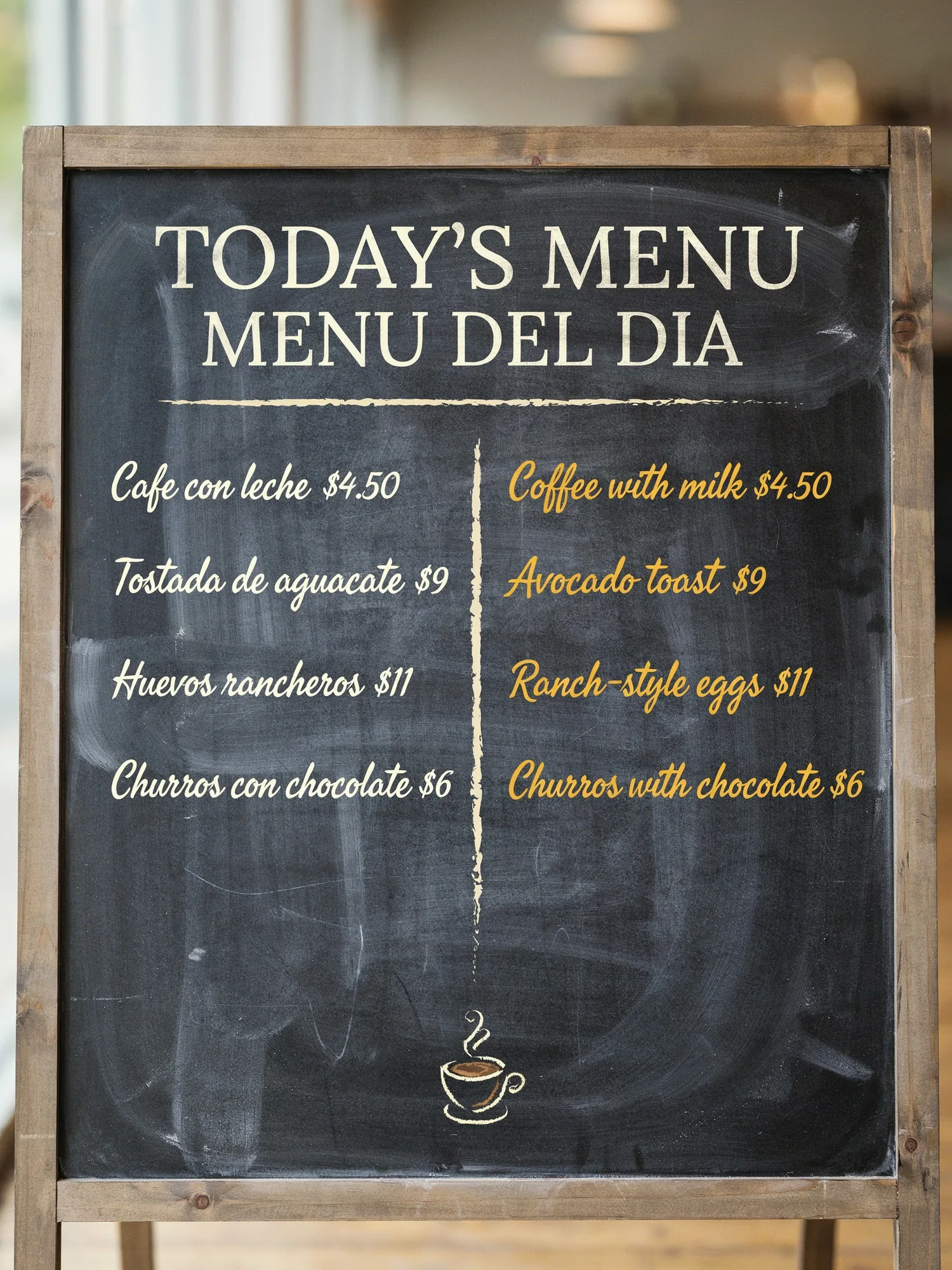 Worked Ideogram 4.0 output: hand-chalked sandwich-board cafe menu with English and Spanish columns side by side, header "TODAY'S MENU / MENU DEL DIA" in chalked uppercase display serif warm cream, left column Spanish in italic body cream, right column English in italic body ochre, items include "Cafe con leche $4.50" / "Coffee with milk $4.50" plus avocado toast, ranch-style eggs, and churros listings