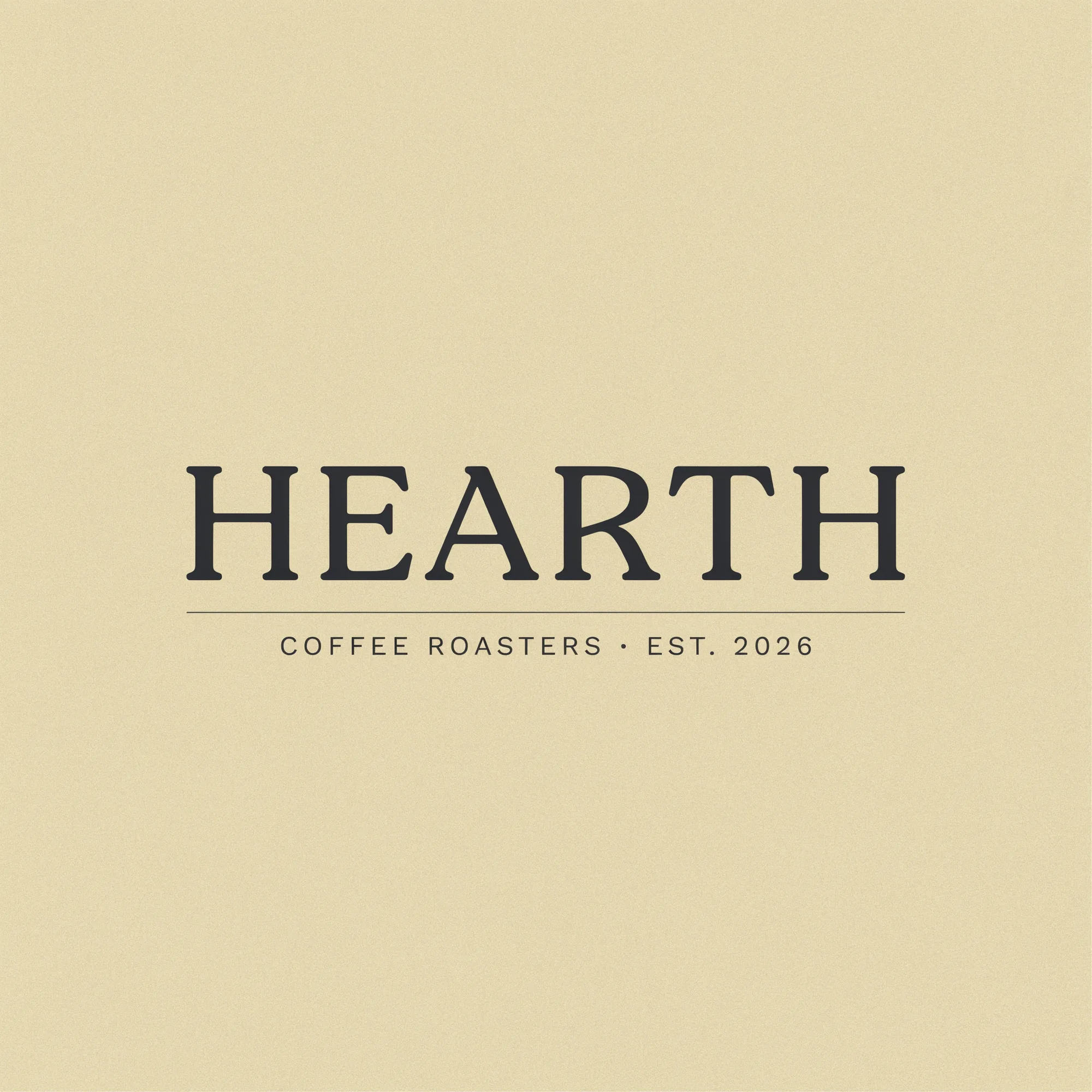 Worked Ideogram 4.0 output: HEARTH coffee roaster minimalist wordmark logo, "HEARTH" in wide-tracked geometric serif charcoal type with slight ink-trap detail, "COFFEE ROASTERS . EST. 2026" small caps tagline beneath, solid cream background