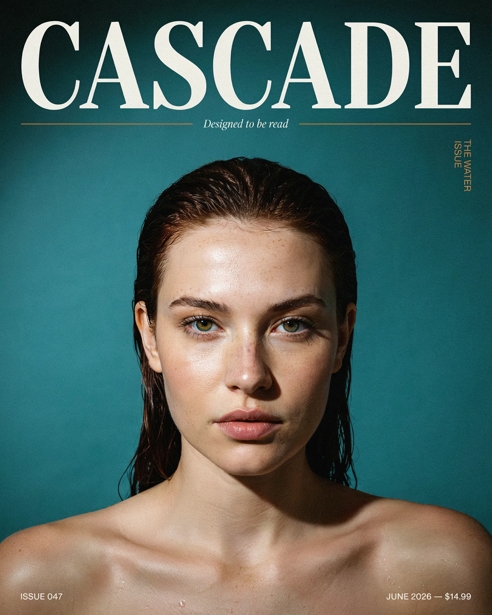 Worked Ideogram 4.0 output: CASCADE editorial magazine cover, masthead in extra-bold condensed display serif, "Designed to be read" tagline in thin italic serif, "ISSUE 047 - JUNE 2026 - $14.99" footer, editorial close-up portrait of a woman with freckles and wet swept-back hair against a deep teal seamless studio backdrop with dramatic studio rim light