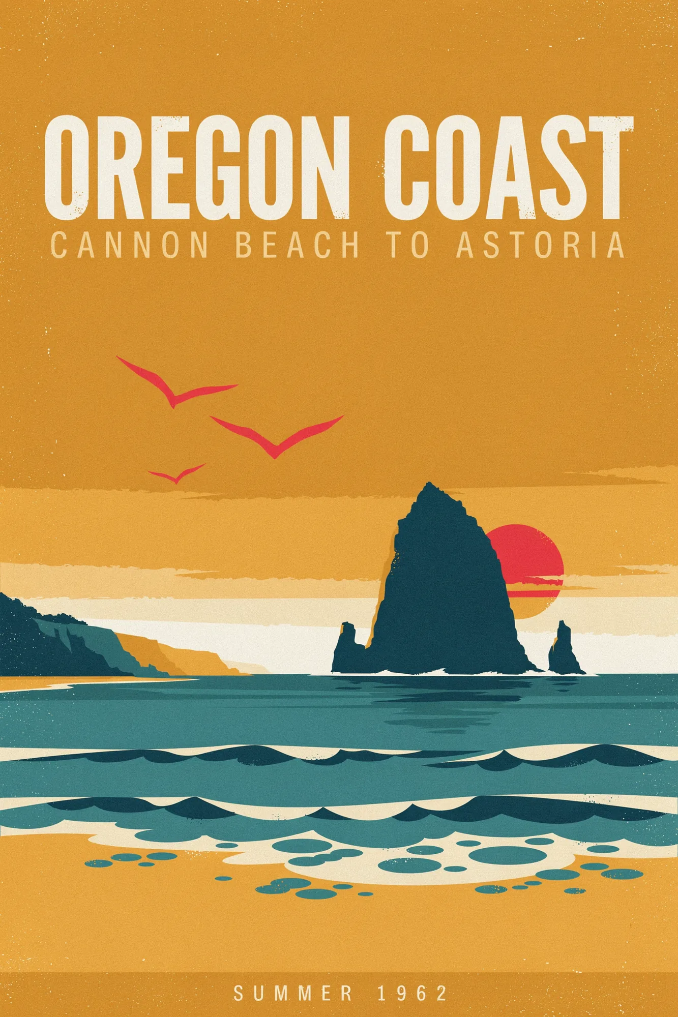 Worked Ideogram 4.0 output: vintage 1962-style Oregon Coast travel poster with bold "OREGON COAST" headline in cream slab serif, "CANNON BEACH TO ASTORIA" subhead in ochre letterpress, and "SUMMER 1962" footer text, over a layered coastal landscape with Haystack Rock silhouette and ochre sunset sky