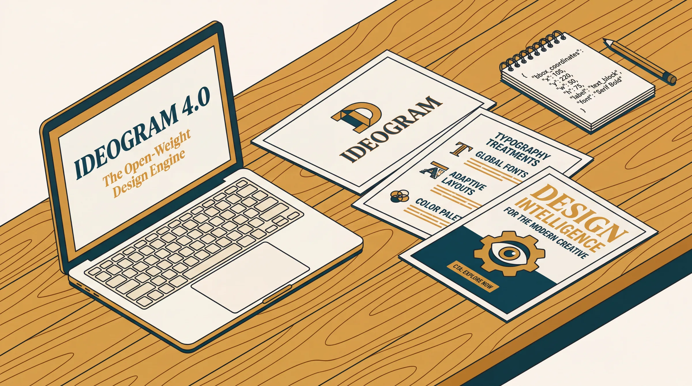 Ideogram 4.0 hero illustration: a designer's workspace with a laptop showing Ideogram 4.0, design materials with rendered typography, and a notepad with JSON bbox coordinates