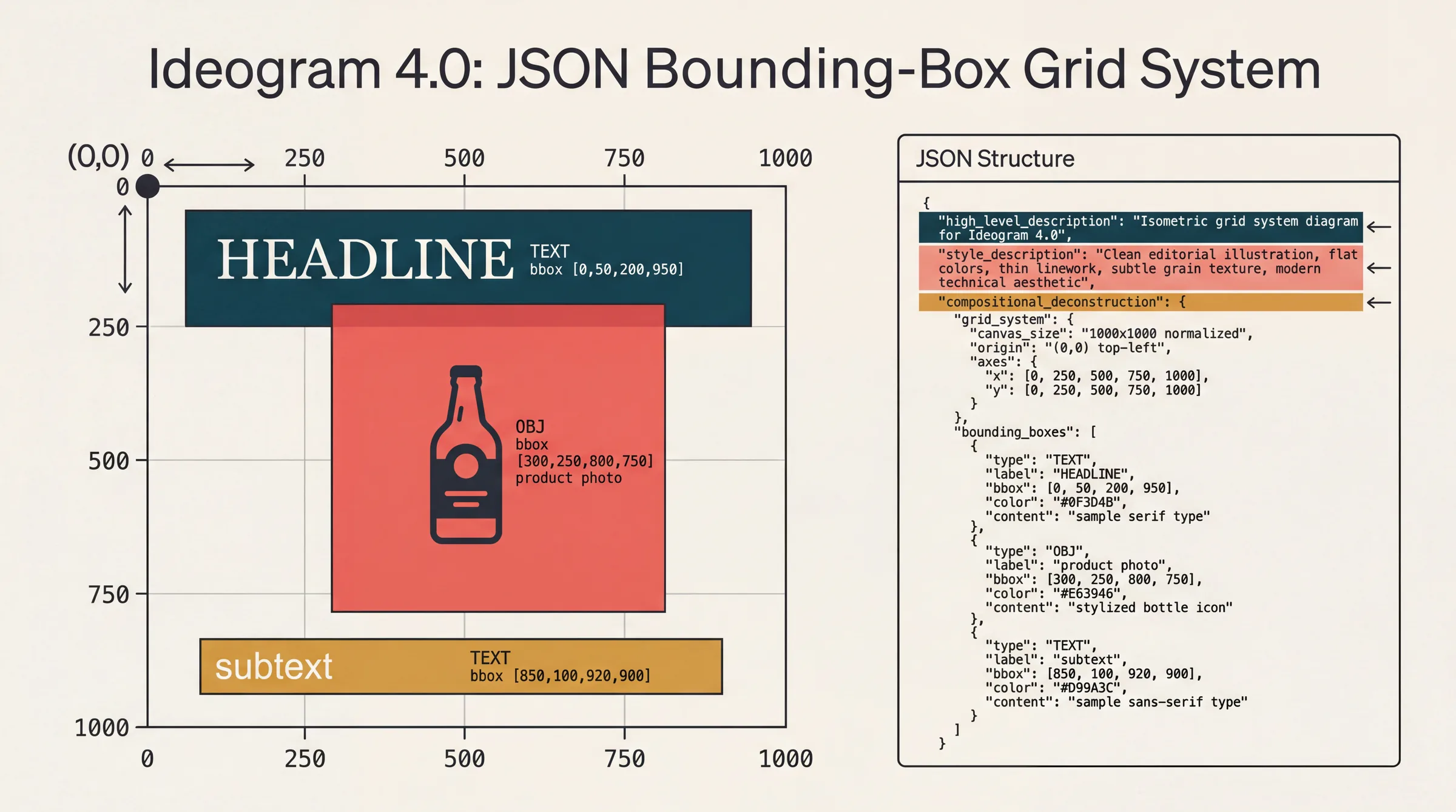 Ideogram 4.0 JSON bounding-box grid system showing a normalized 0 to 1000 coordinate canvas with a HEADLINE text box at the top, an OBJ product photo bbox in the center, and a subtext bbox at the bottom; right panel shows the JSON structure with high_level_description, style_description, and compositional_deconstruction