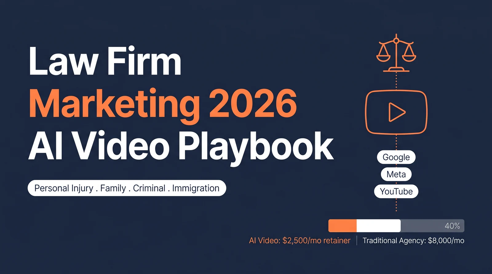Law Firm Marketing 2026 AI Video Playbook hero image with title in white and orange on dark navy background, showing a stylized balance scale icon connecting to a video play icon and three platform pills Google Meta YouTube, plus a comparison bar contrasting AI Video $2,500/mo retainer with Traditional Agency $8,000/mo