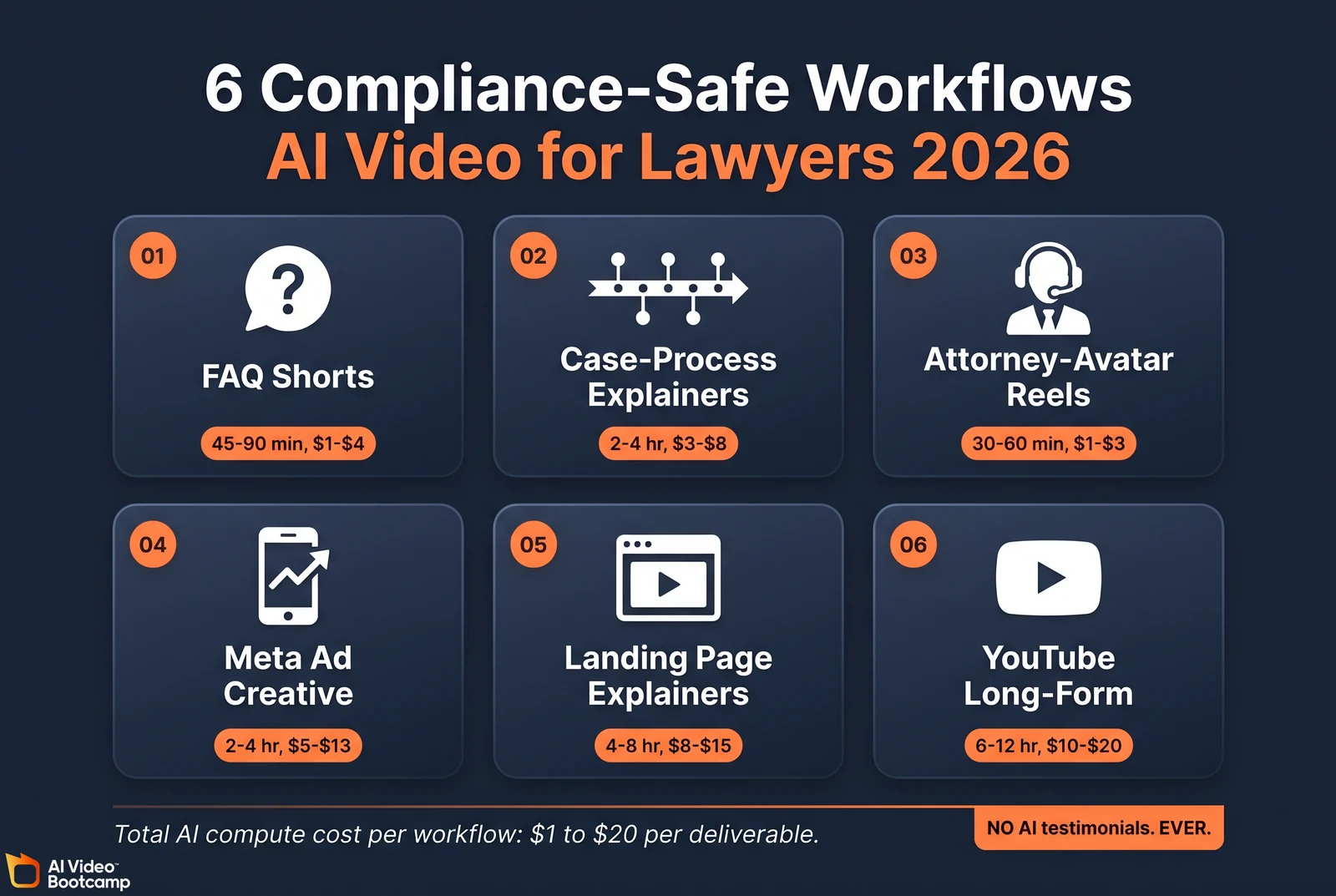 6-tile grid titled "6 Compliance-Safe Workflows - AI Video for Lawyers 2026" showing each workflow with icon, name, and time-cost tag: 01 FAQ Shorts 45-90 min $1-$4; 02 Case-Process Explainers 2-4 hr $3-$8; 03 Attorney-Avatar Reels 30-60 min $1-$3; 04 Meta Ad Creative 2-4 hr $5-$13; 05 Landing Page Explainers 4-8 hr $8-$15; 06 YouTube Long-Form 6-12 hr $10-$20. Total AI compute cost $1 to $20 per deliverable. Callout: NO AI testimonials EVER