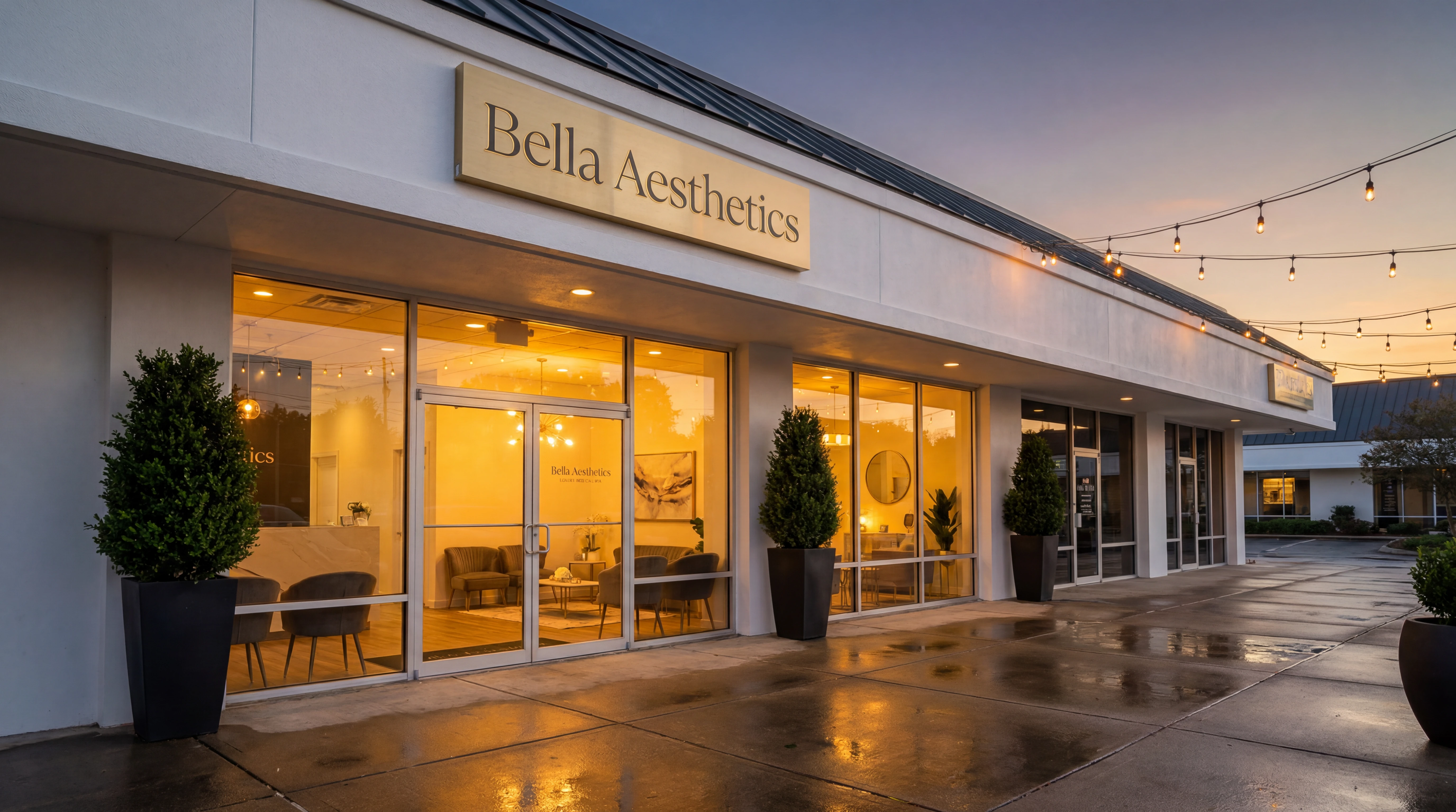 Cinematic exterior storefront photography of a luxury medical spa at golden hour just after sunset, clean modern white facade with large glass windows revealing warm tungsten light from the interior, illuminated brushed gold sign reading Bella Aesthetics, tall potted boxwood trees flanking the doorway, sidewalk slightly wet from a recent shower creating subtle reflections of warm interior light, string of warm Edison bulb cafe lights stretching across the entry overhang
