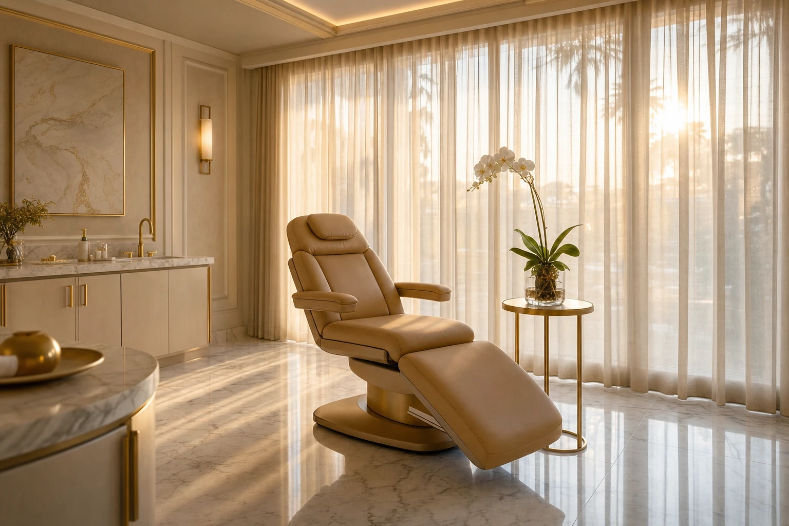 Cinematic interior photography of a luxury medical spa treatment room at golden hour, white Carrara marble floor with subtle grey veining, warm cream walls with brushed gold sconces, contoured camel-leather treatment chair, sheer linen curtains diffusing warm afternoon light through tall windows, brass side table with single white orchid stem, no people in frame