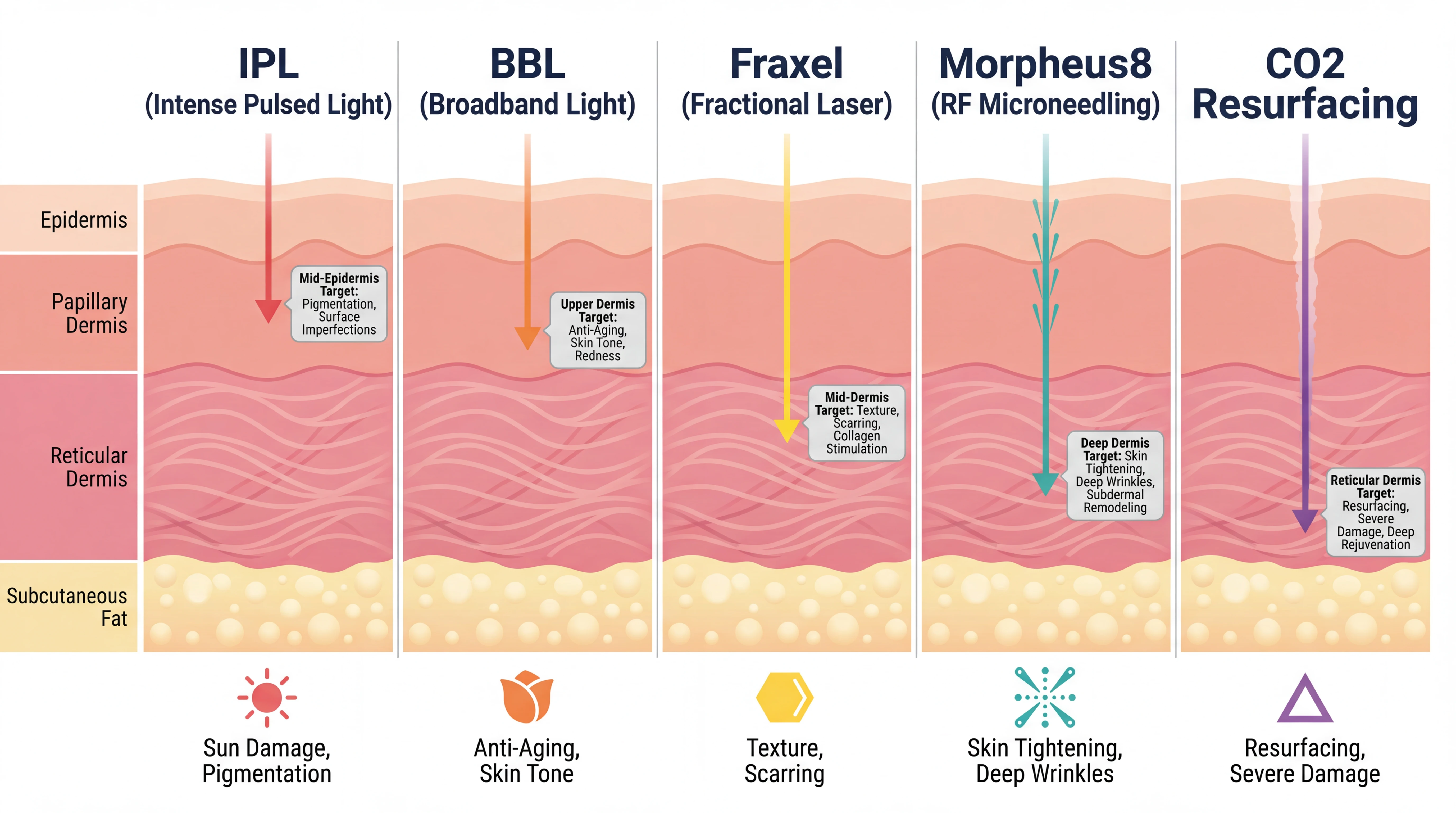 Laser and IPL depth penetration comparison infographic showing 5 vertical columns each representing a different aesthetic energy treatment with skin layer cross-sections from epidermis through papillary dermis reticular dermis and subcutaneous fat, with colored arrows showing depth of penetration: IPL Intense Pulsed Light targeting mid-epidermis for pigmentation and surface imperfections, BBL Broadband Light targeting upper dermis for anti-aging and skin tone, Fraxel Fractional Laser targeting mid-dermis for texture and scarring, Morpheus8 RF Microneedling targeting deep dermis for skin tightening, CO2 Resurfacing targeting reticular dermis for severe damage rejuvenation, with treatment-specific icons and use case labels at the bottom