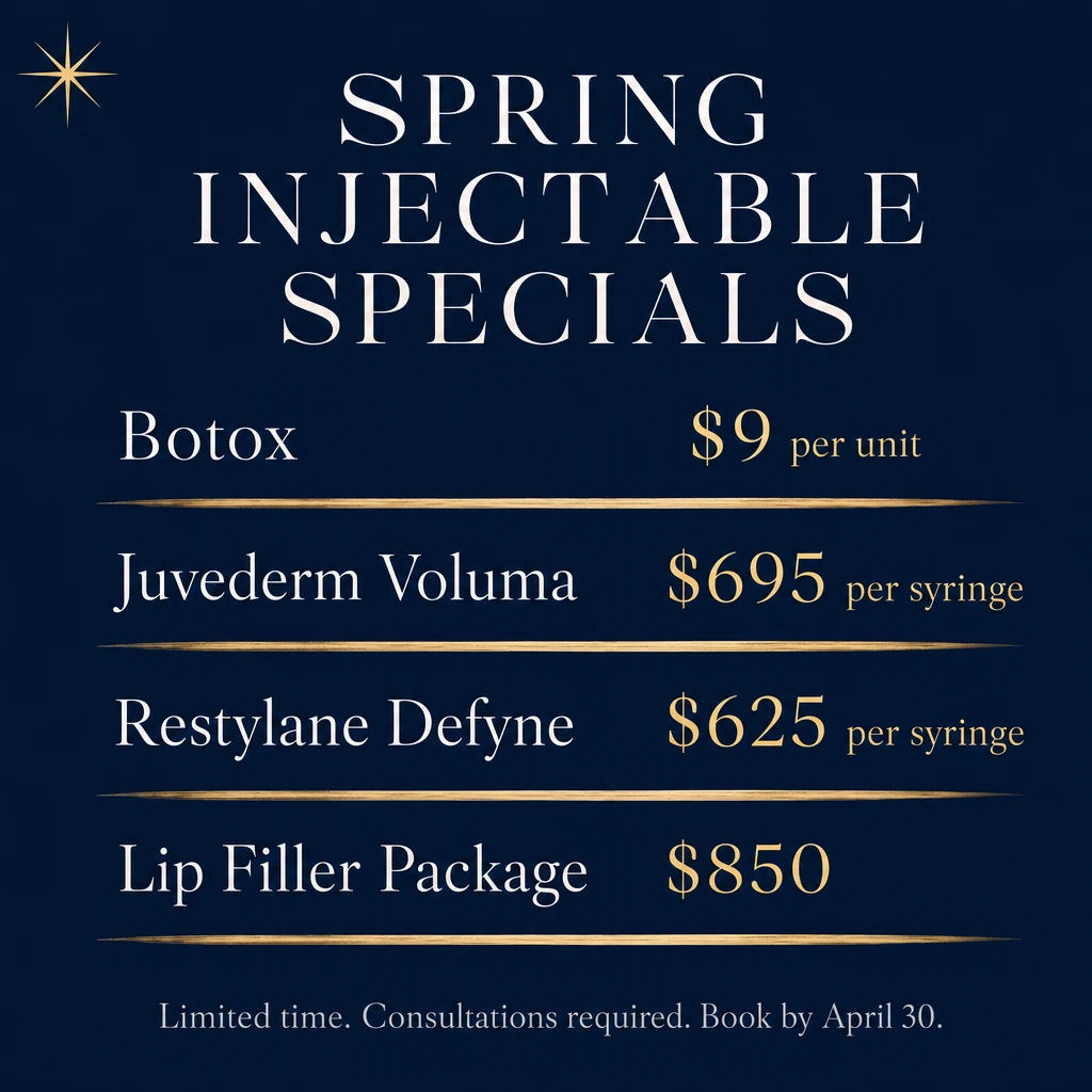 Elegant medical spa pricing menu graphic on dark navy background with white serif typography reading SPRING INJECTABLE SPECIALS, treatment rows in pale gold for Botox $9 per unit, Juvederm Voluma $695 per syringe, Restylane Defyne $625 per syringe, Lip Filler Package $850, small gold star icon in upper-left corner, soft brushed gold horizontal dividers between rows