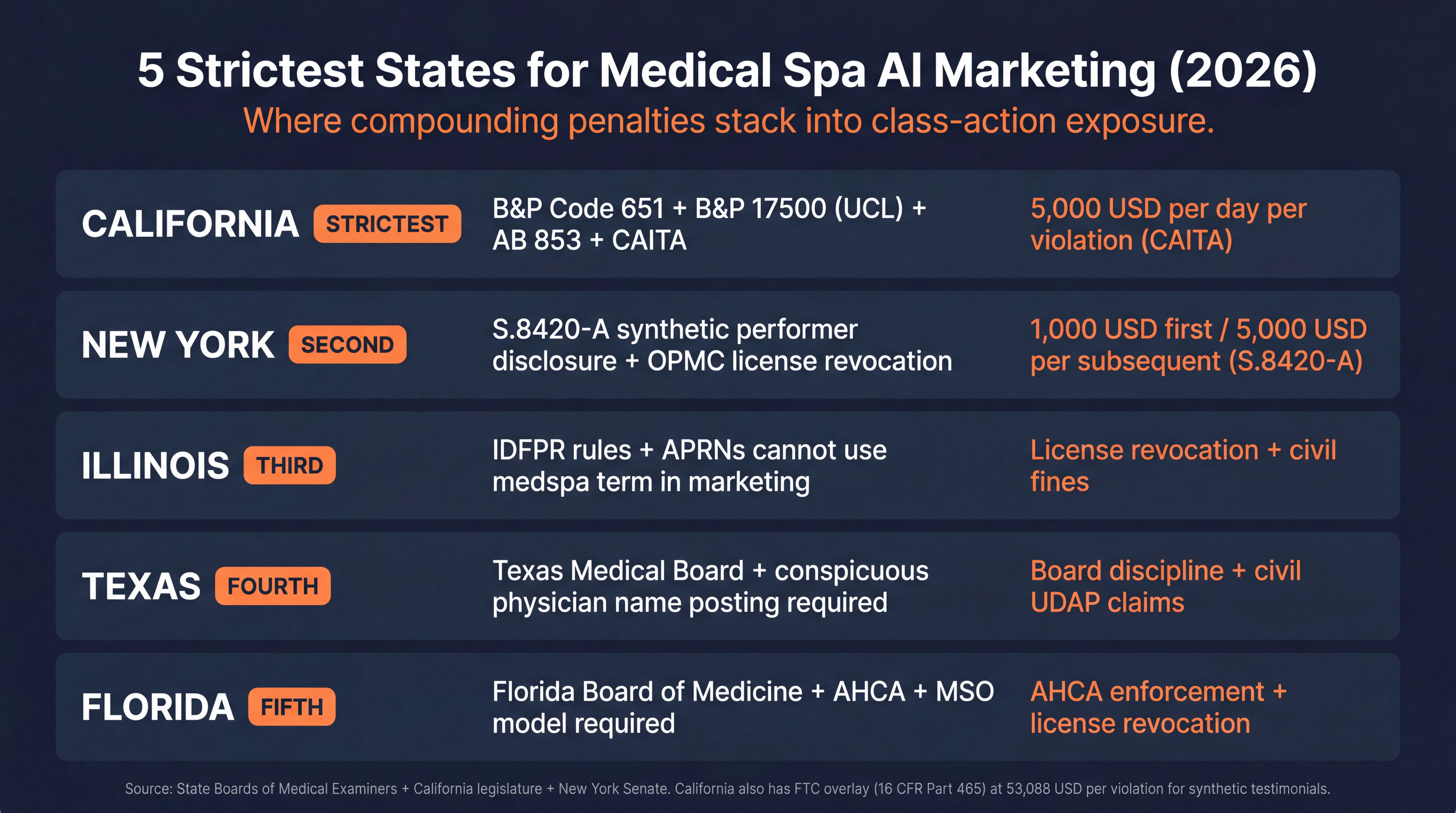 5 Strictest States for Medical Spa AI Marketing 2026 infographic showing where compounding penalties stack into class-action exposure: California ranked STRICTEST with B&P Code 651 plus B&P 17500 UCL plus AB 853 plus CAITA carrying 5000 USD per day per violation, New York ranked SECOND with S.8420-A synthetic performer disclosure plus OPMC license revocation 1000 USD first 5000 USD per subsequent, Illinois ranked THIRD with IDFPR rules and APRNs cannot use medspa term in marketing license revocation plus civil fines, Texas ranked FOURTH with Texas Medical Board conspicuous physician name posting required board discipline plus civil UDAP claims, Florida ranked FIFTH with Florida Board of Medicine plus AHCA plus MSO model required AHCA enforcement plus license revocation, California also has FTC overlay 16 CFR Part 465 at 53088 USD per violation for synthetic testimonials