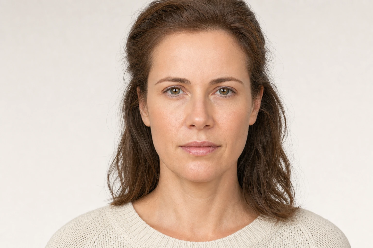 Synthetic patient after image: same woman with smooth forehead and softened expression lines following simulated Botox treatment, natural skin texture maintained without over-smoothing, same hair, same sweater, same lighting and camera angle, AI-generated illustration not based on any real person
