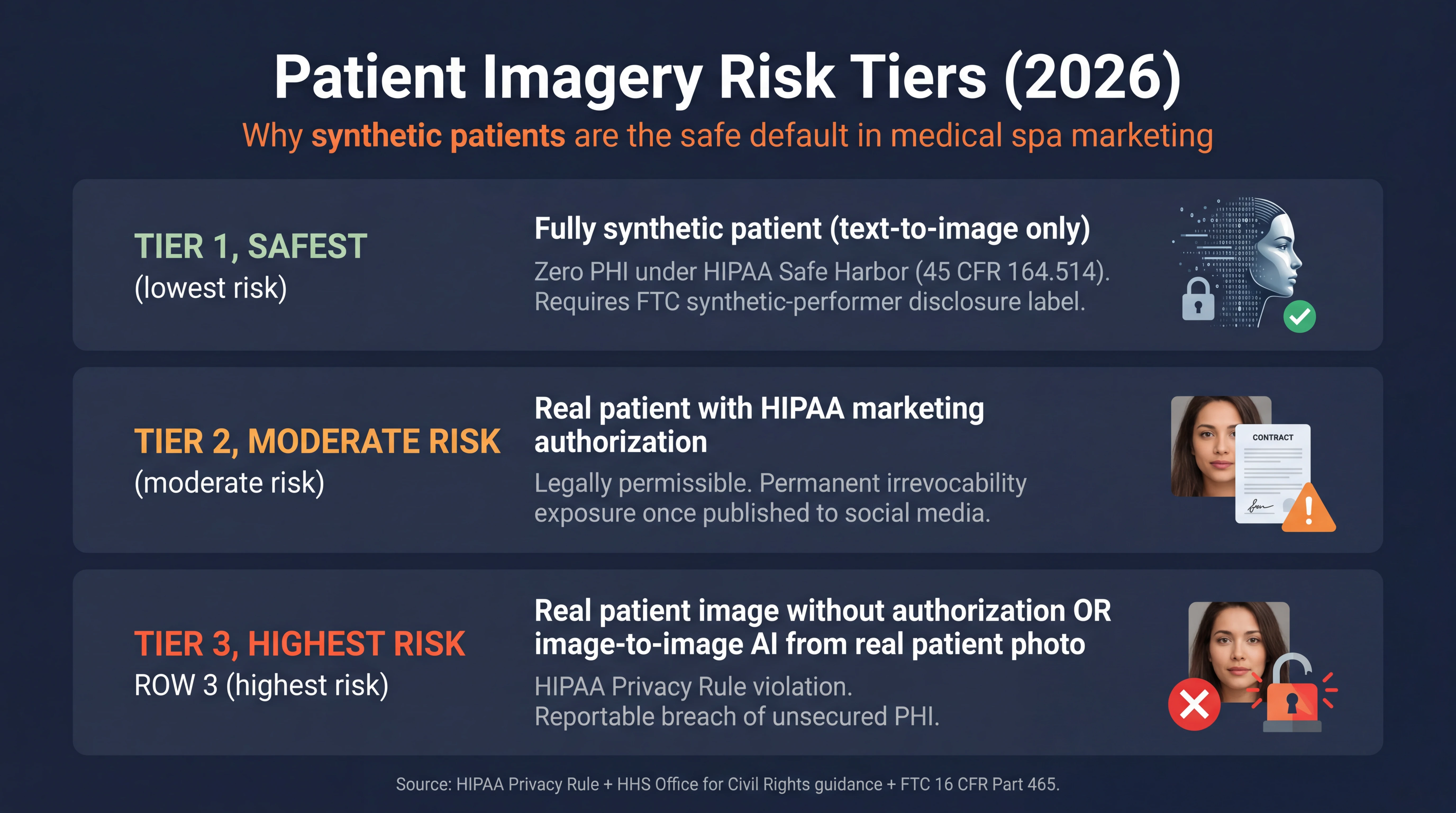 Patient Imagery Risk Tiers 2026 infographic showing why synthetic patients are the safe default in medical spa marketing, three tiers ranked from safest to highest risk: Tier 1 safest fully synthetic patient text-to-image only zero PHI under HIPAA Safe Harbor 45 CFR 164.514 requires FTC synthetic-performer disclosure label, Tier 2 moderate risk real patient with HIPAA marketing authorization legally permissible permanent irrevocability exposure once published to social media, Tier 3 highest risk real patient image without authorization or image-to-image AI from real patient photo HIPAA Privacy Rule violation reportable breach of unsecured PHI