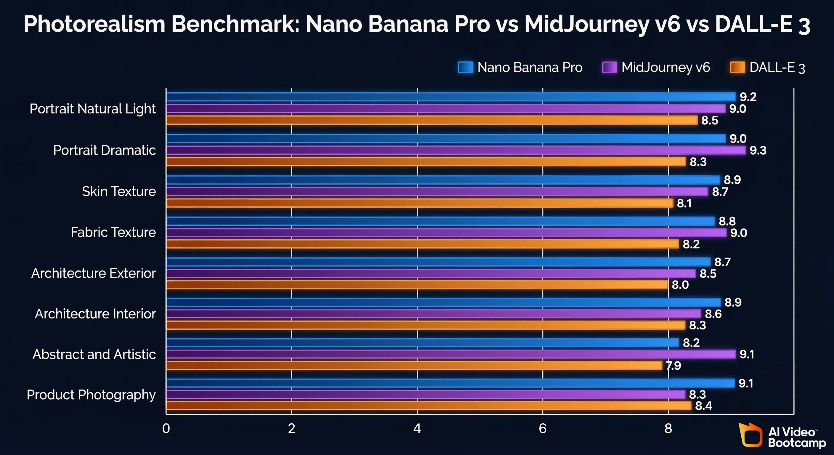 Nano Banana Pro benchmark test scores showing photorealism ratings across portrait, texture, architectural, and product photography categories