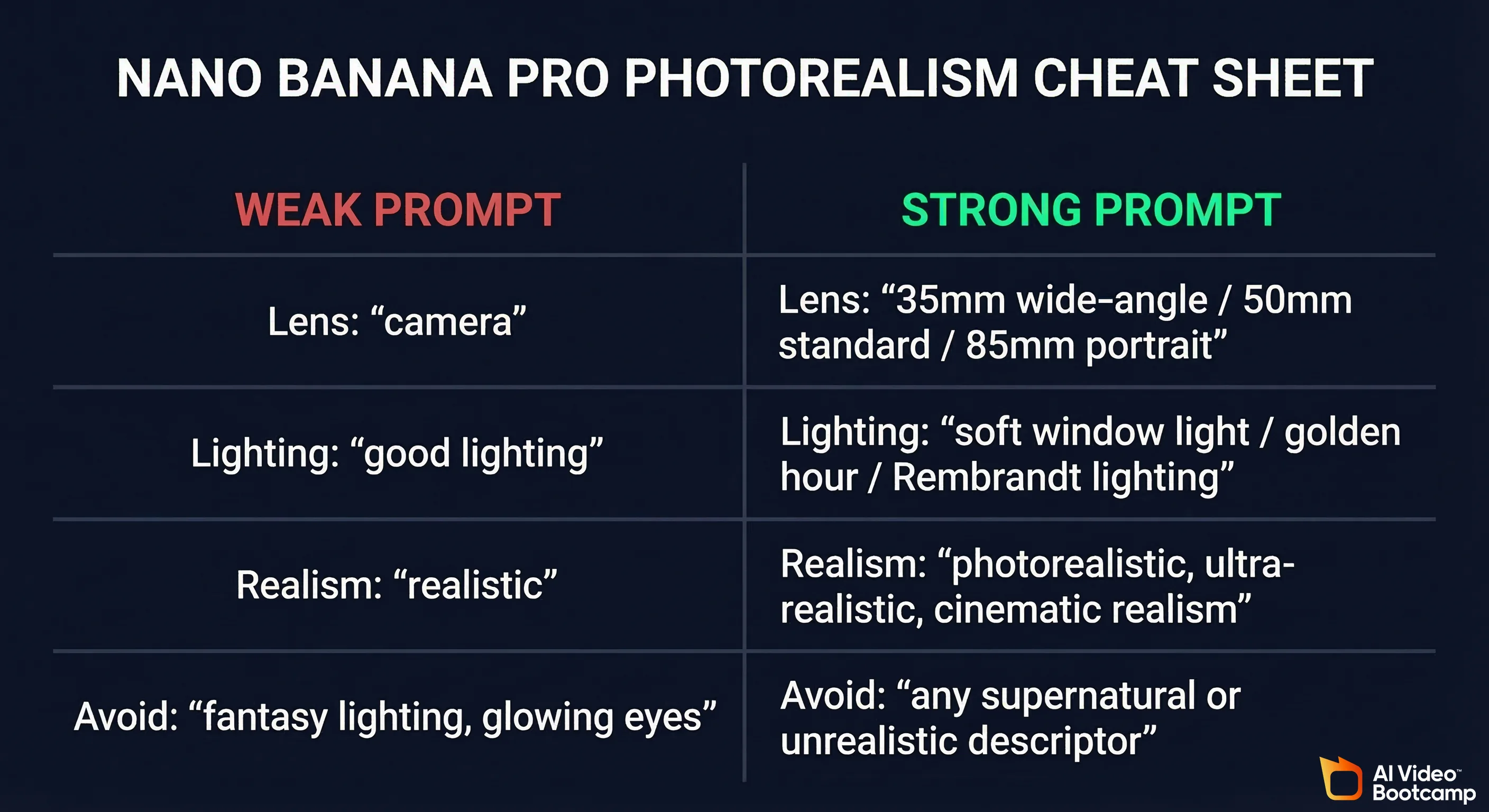 Nano Banana Pro photorealism cheat sheet comparing weak prompts like camera and good lighting versus strong prompts like 35mm wide-angle and soft window light across lens, lighting, realism, and avoid categories
