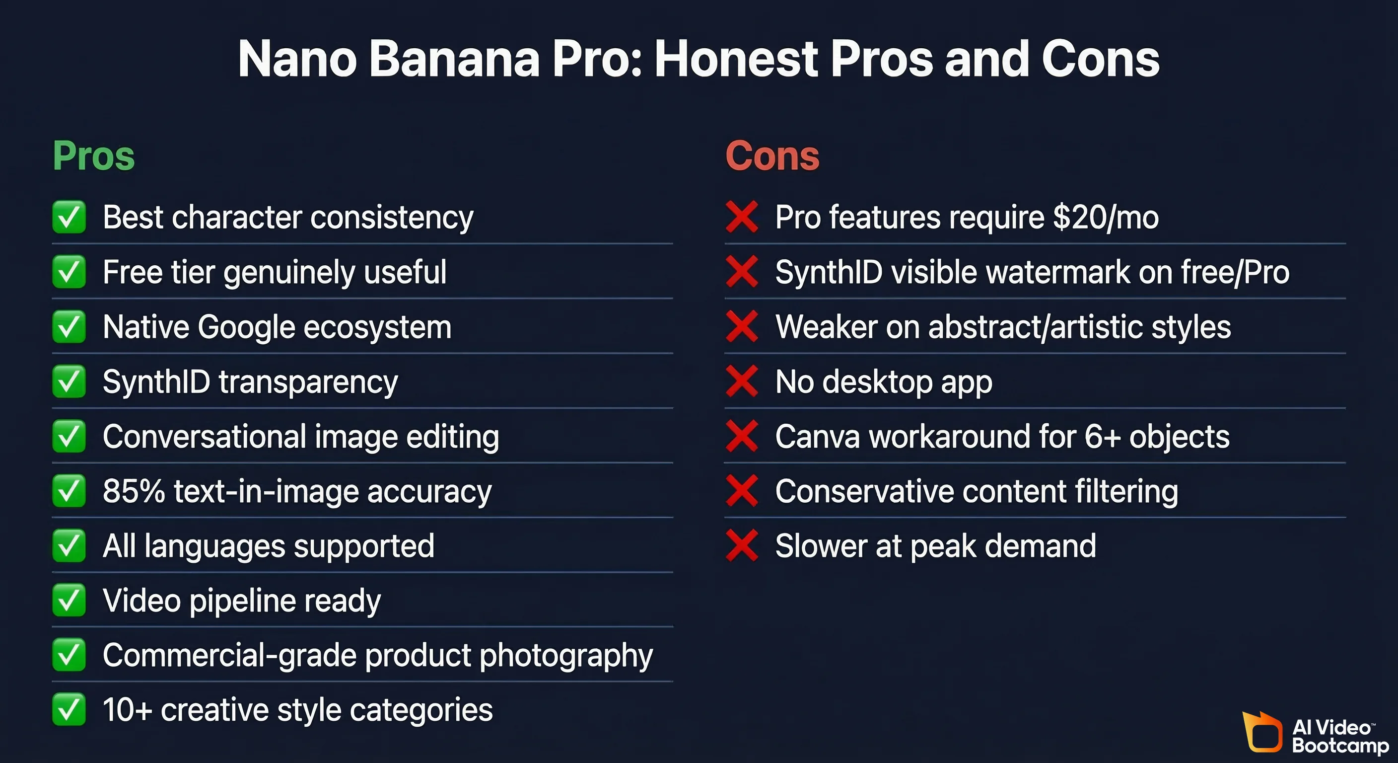 Nano Banana Pro honest pros and cons summary showing 10 pros including best character consistency and free tier, and 7 cons including Pro features behind paywall and weaker artistic styles