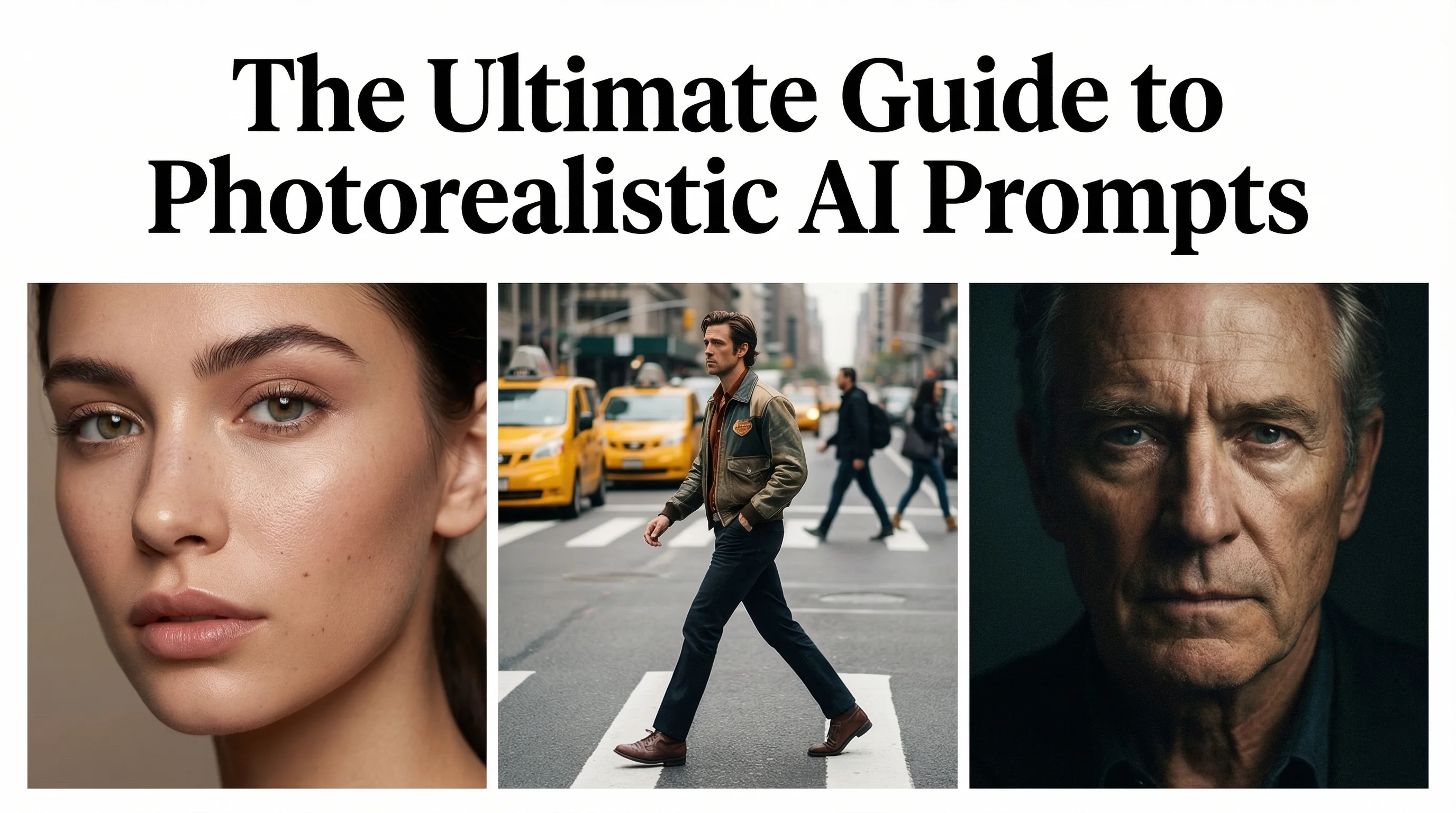 Triptych of photorealistic AI-generated portraits showing beauty, street photography, and dramatic lighting styles