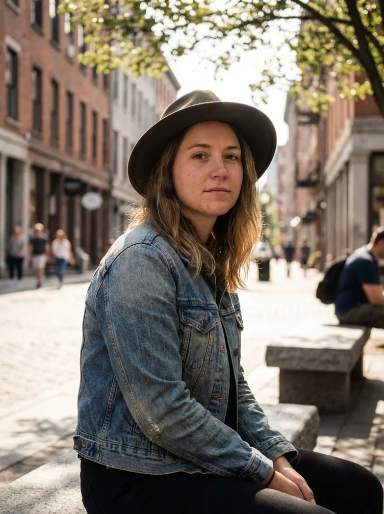 Photorealistic AI-generated portrait demonstrating natural skin texture and street photography style