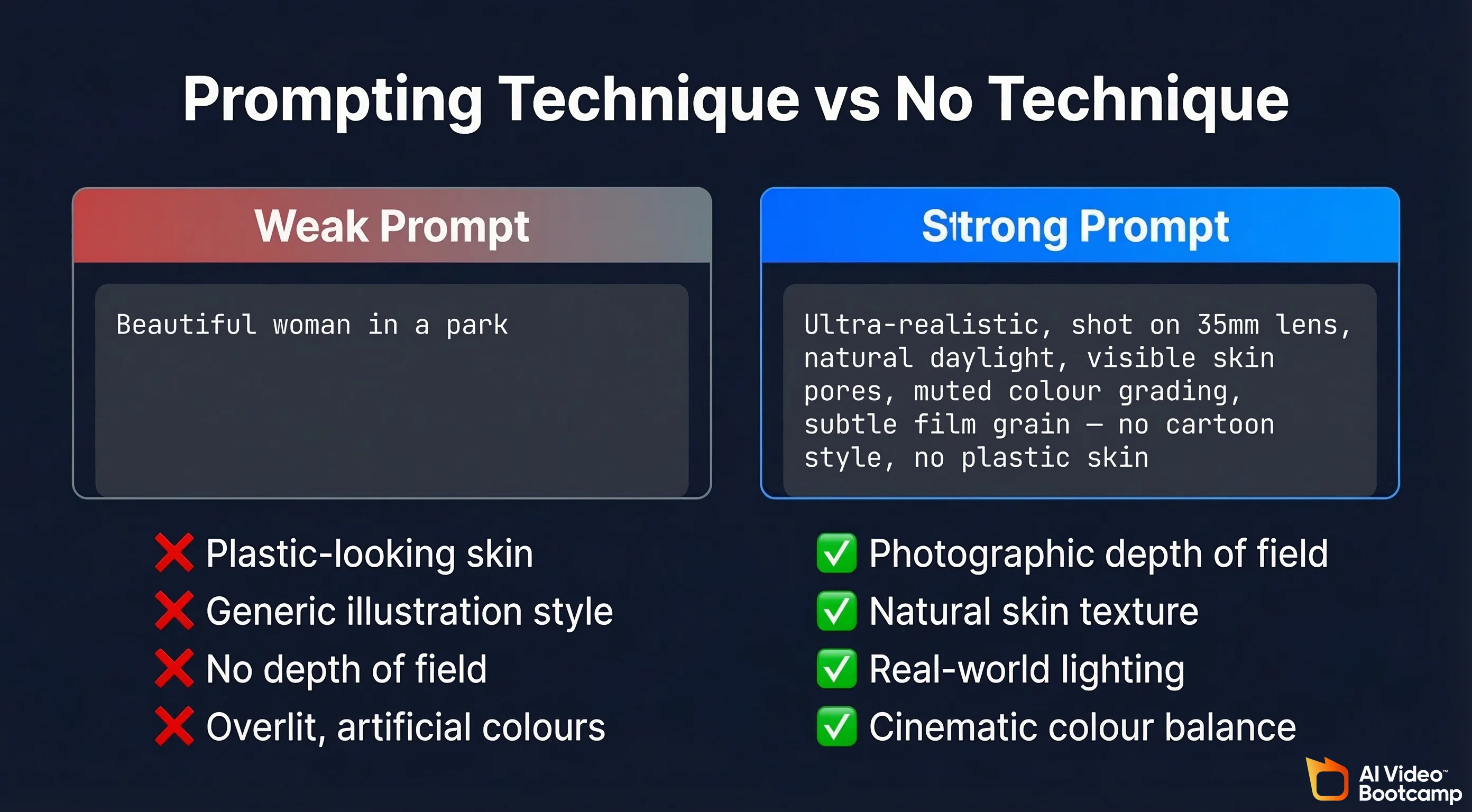 Prompting technique vs no technique comparison: weak prompt 'Beautiful woman in a park' produces plastic-looking skin, generic illustration style, no depth of field, overlit artificial colours — versus strong structured prompt produces photographic depth of field, natural skin texture, real-world lighting, cinematic colour balance