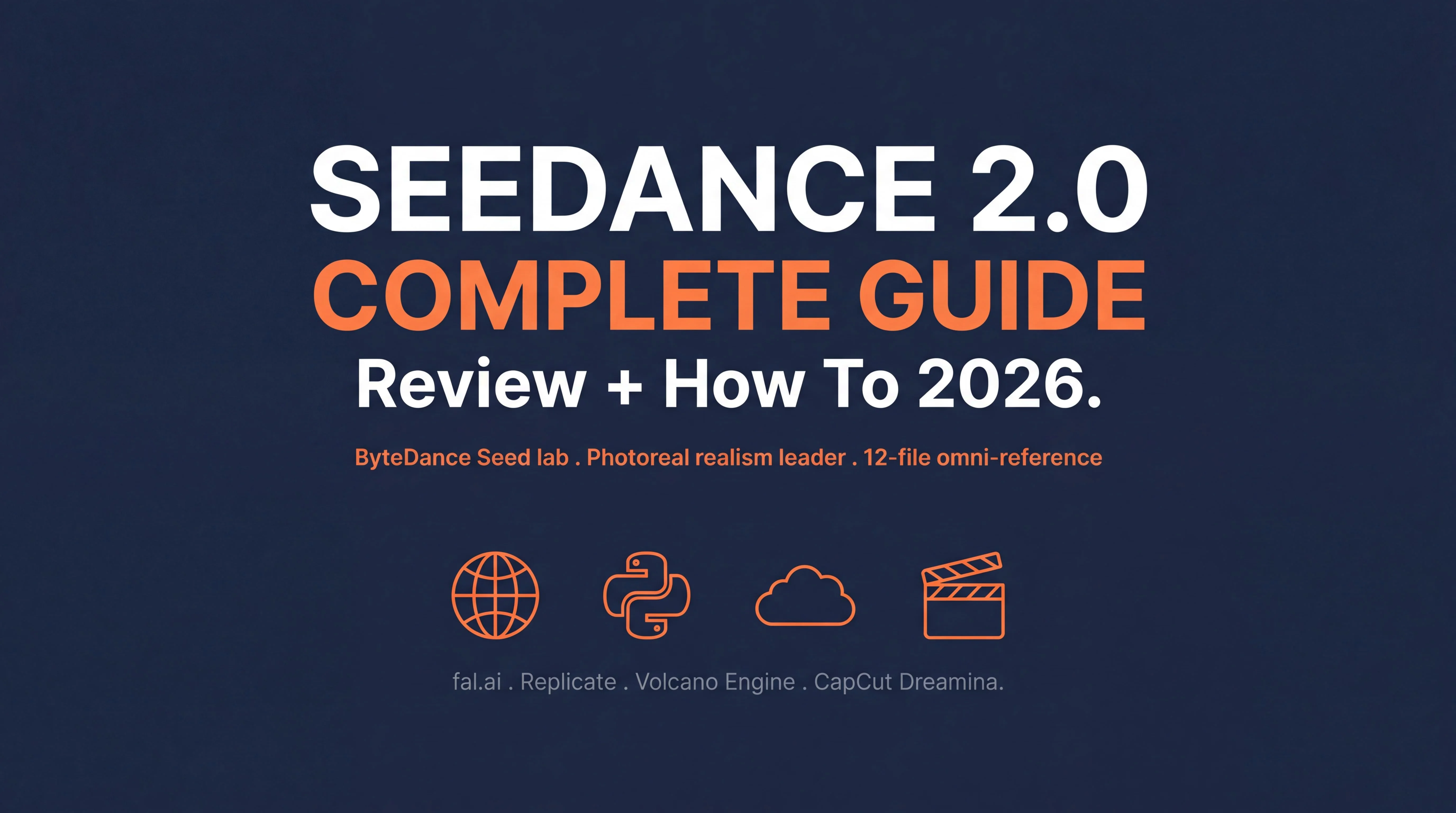 Seedance 2.0 Complete Guide 2026 hero image with title in white and orange on dark navy background, ByteDance Seed lab branding