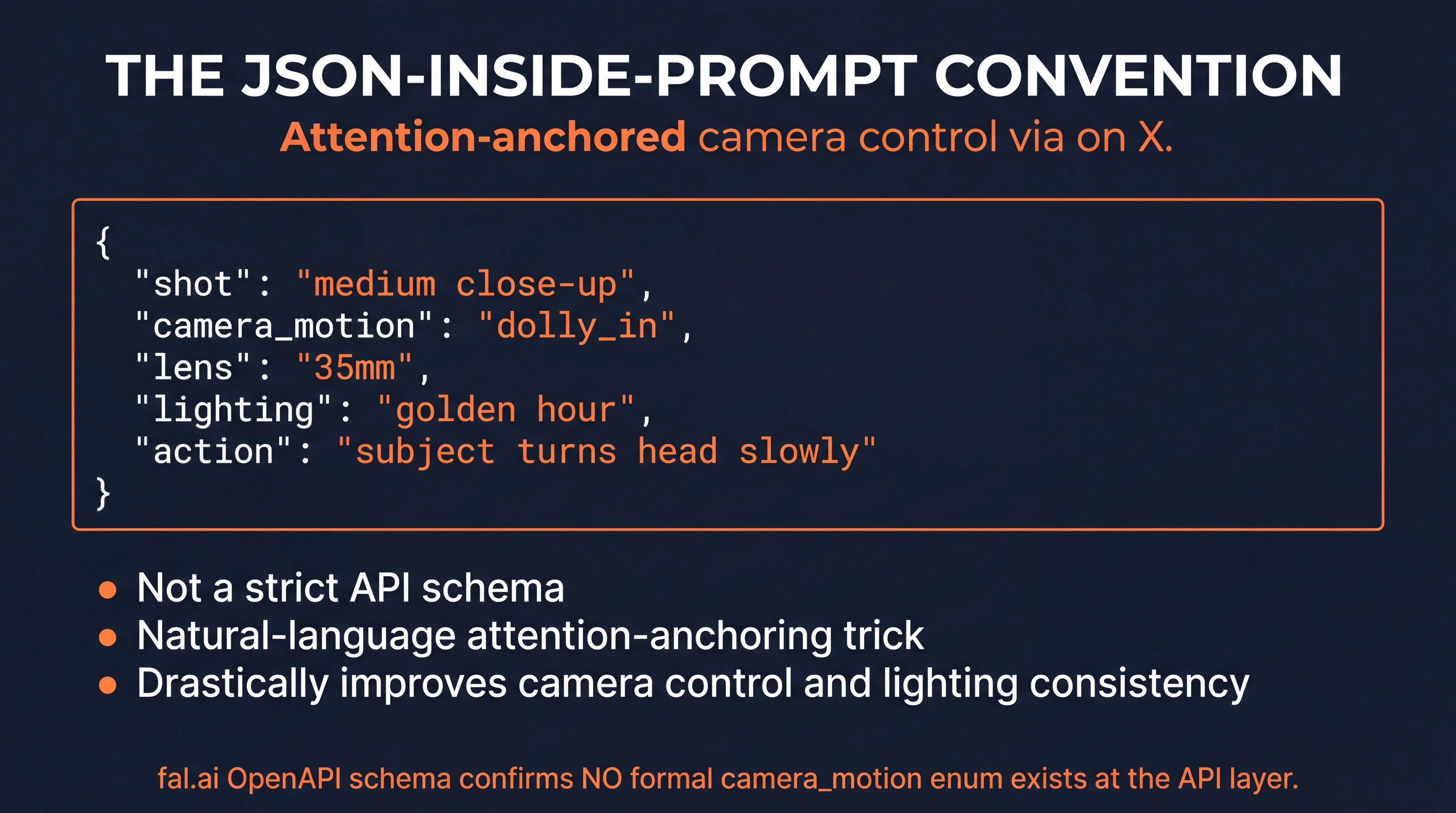 The JSON-inside-prompt convention infographic showing a code block with five JSON keys shot camera_motion lens lighting action, attribution to @EHuanglu on X, three bullet points explaining the convention is not a strict API schema but a natural-language attention-anchoring trick that improves camera control, dark navy background with orange accents