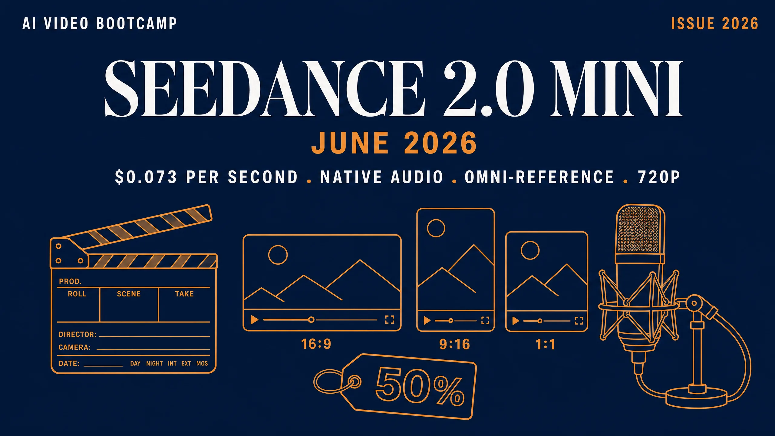 Seedance 2.0 Mini hero in dark navy and warm orange showing the June 2026 launch with the $0.073 per second native audio omni-reference 720p subtitle and a workspace line illustration of a clapperboard, three aspect-ratio frame thumbnails, a microphone, and a 50% price tag
