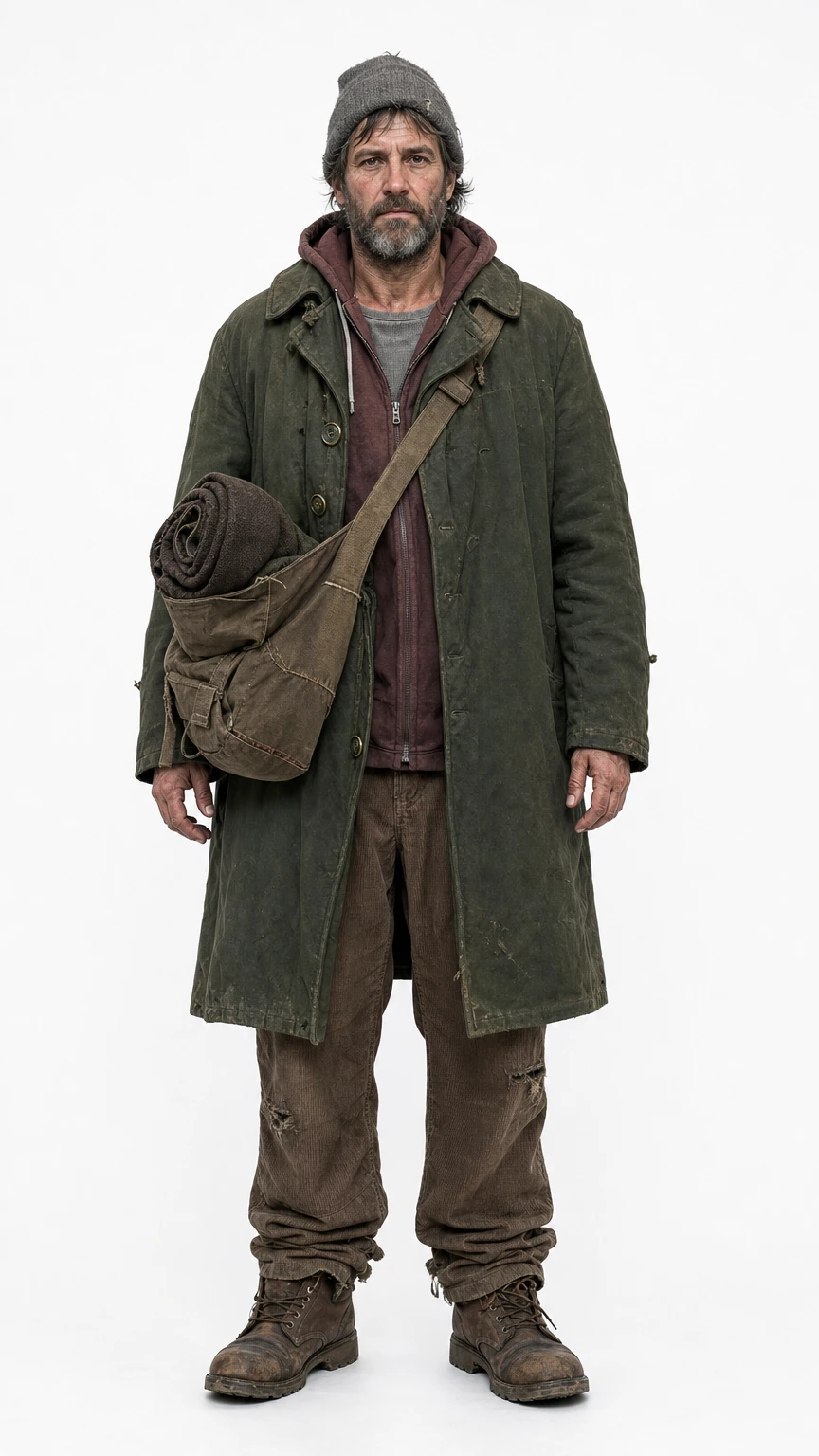 Character A omni-reference: weathered hobo in his late 40s, frayed grey wool beanie, long dark olive military surplus coat over maroon hoodie, baggy brown corduroy pants, scuffed work boots, frayed canvas messenger bag, calm steady expression, full body on pure white seamless studio background